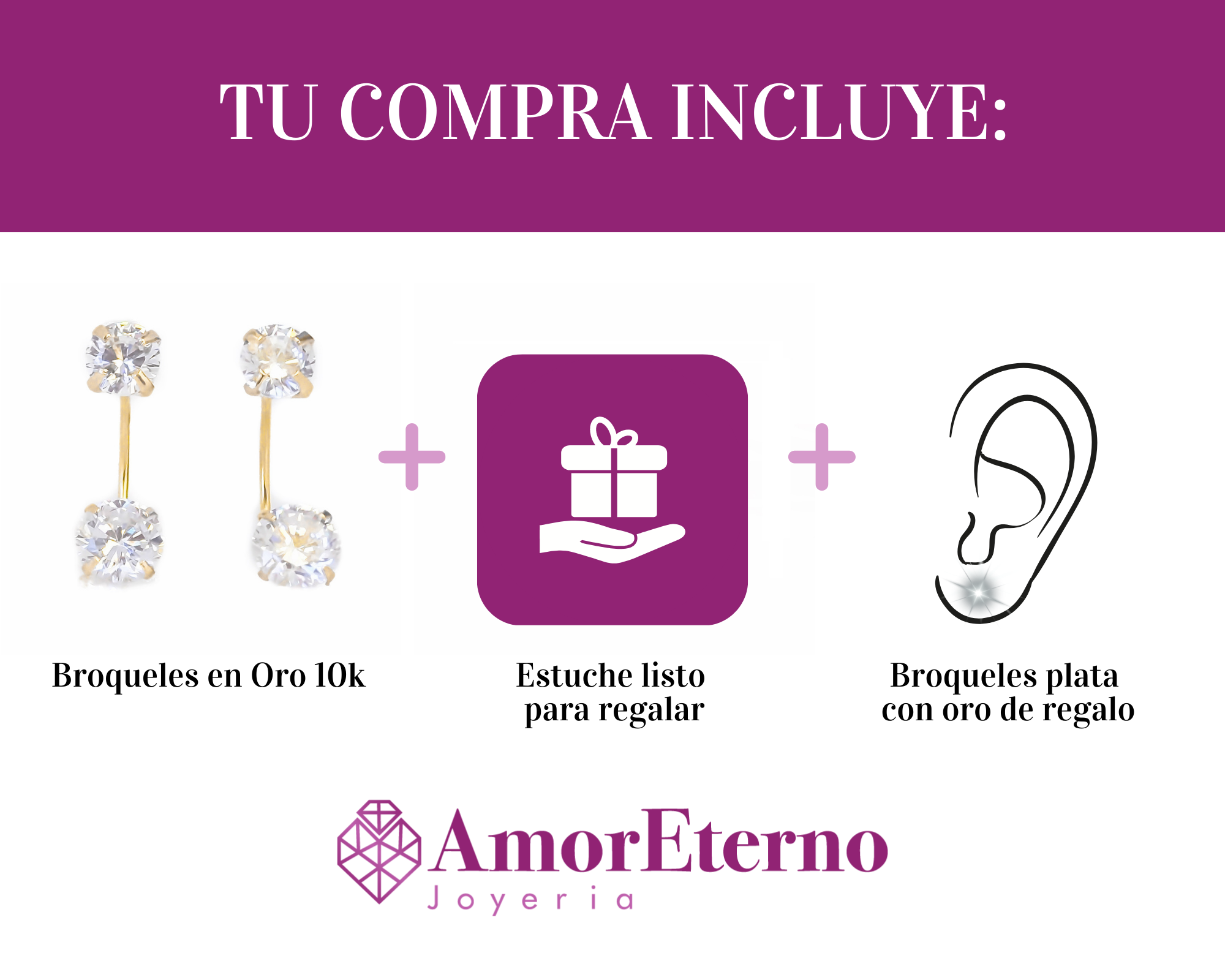 Amor Eterno - Broqueles Curvos / Aretes / Oro Sólido 10k / Piedras
