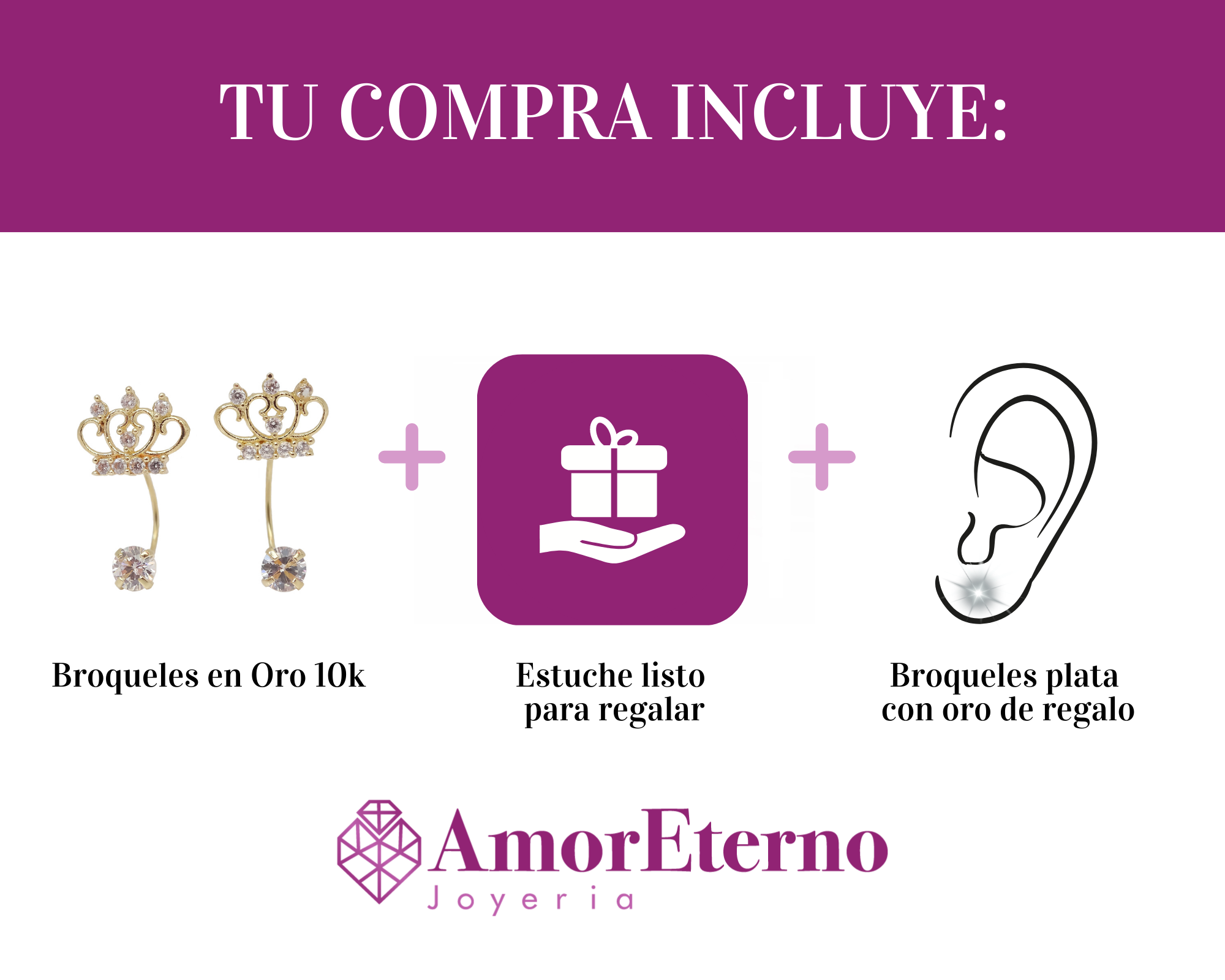 Amor Eterno - Broqueles Curvos Corona / Aretes Oro 10k