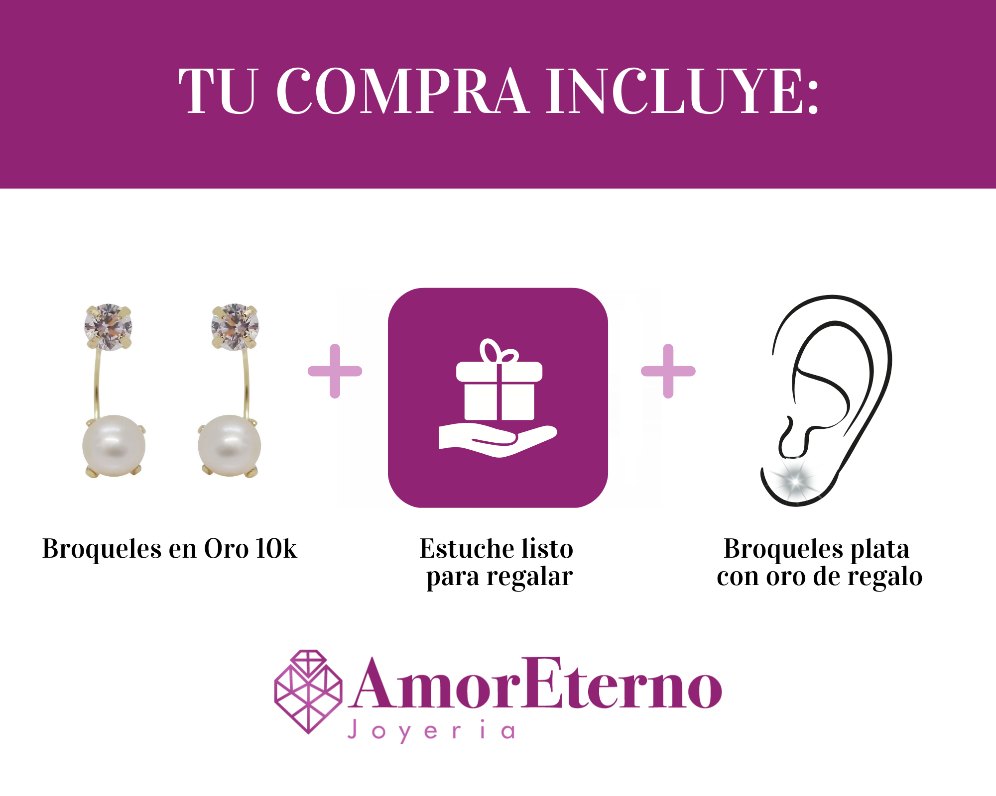 Amor Eterno - Broqueles Curvos / Aretes / Oro Sólido 10k / Perla