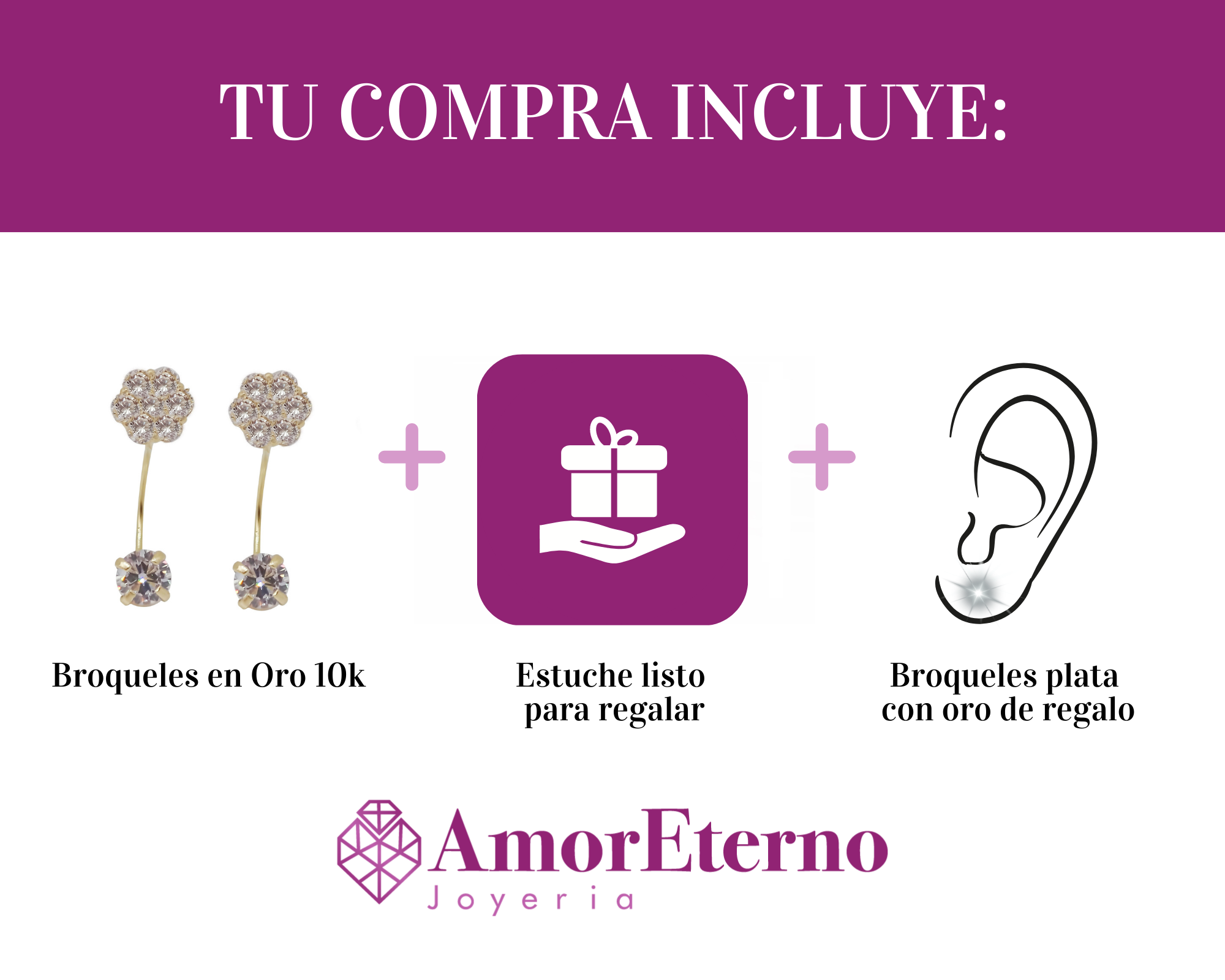 Amor Eterno - Broqueles Curvos Roseta/ Aretes Oro 10k