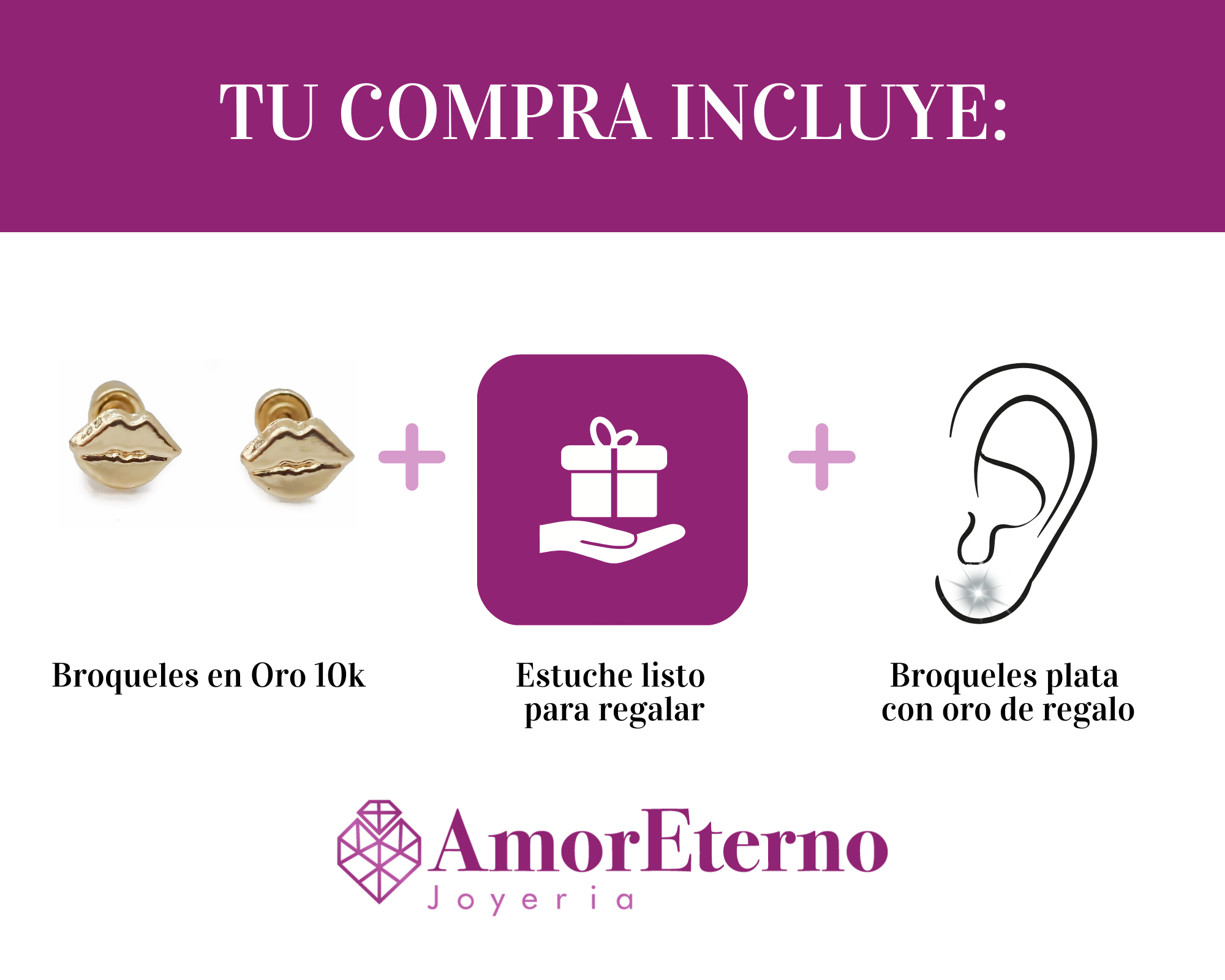 Amor Eterno - Broqueles Boca / Beso / Aretes / Oro 10k