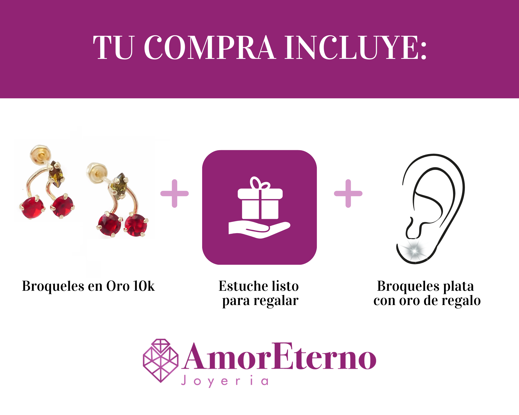 Amor Eterno - Broqueles / Cereza Par / Aretes / Oro 10k