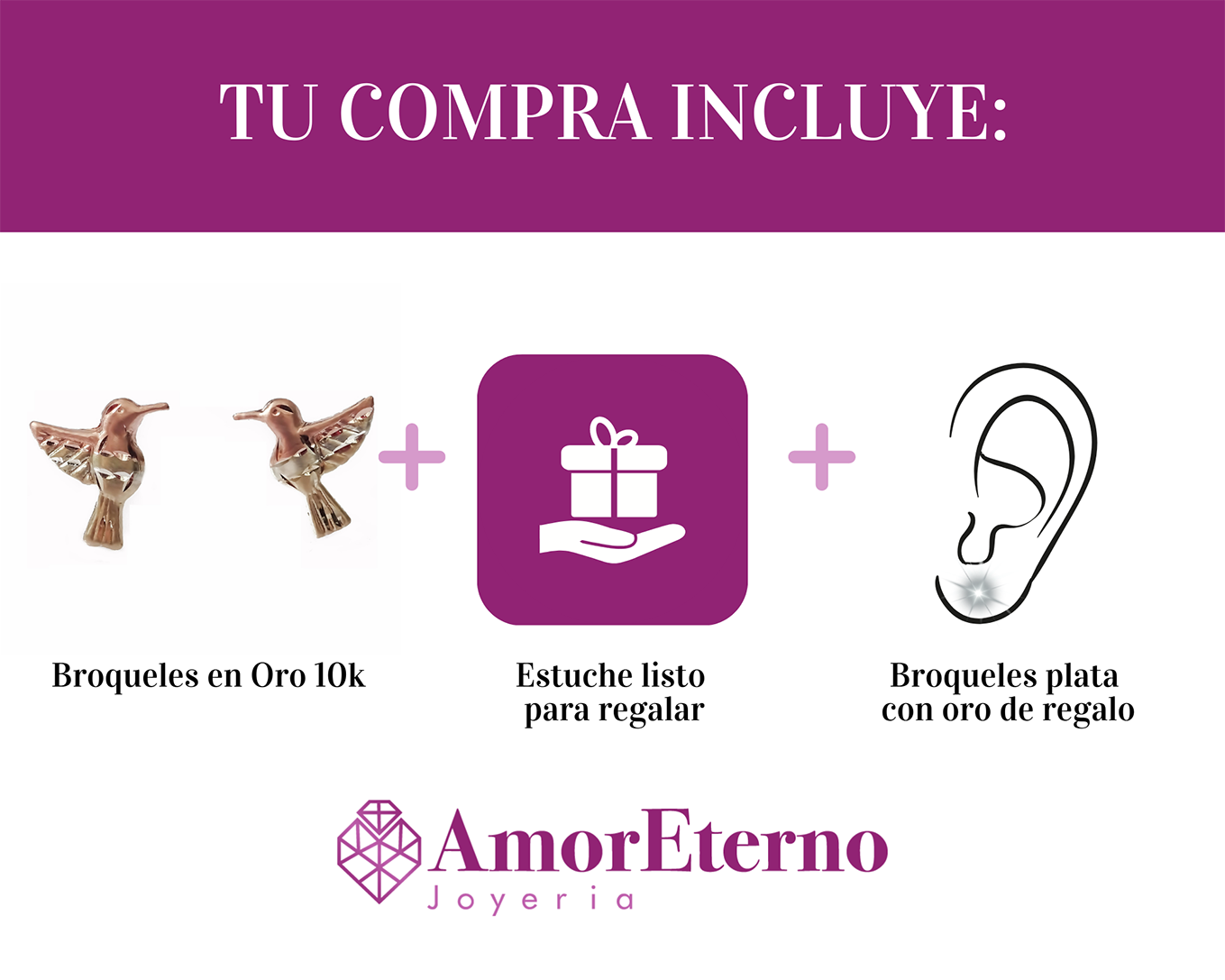 Amor Eterno - Broqueles Aretes Colibrí / Oro Florentino 10k