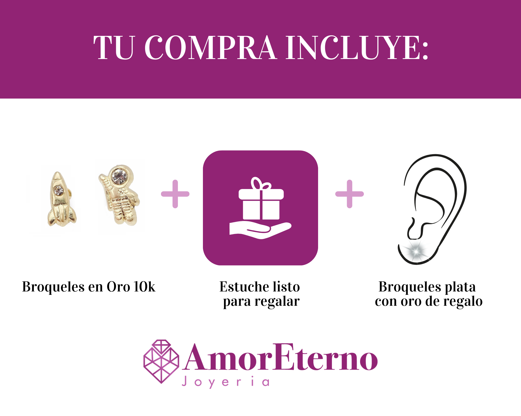 Amor Eterno - Broqueles Cohete - Astronauta / Aretes / Oro 10k