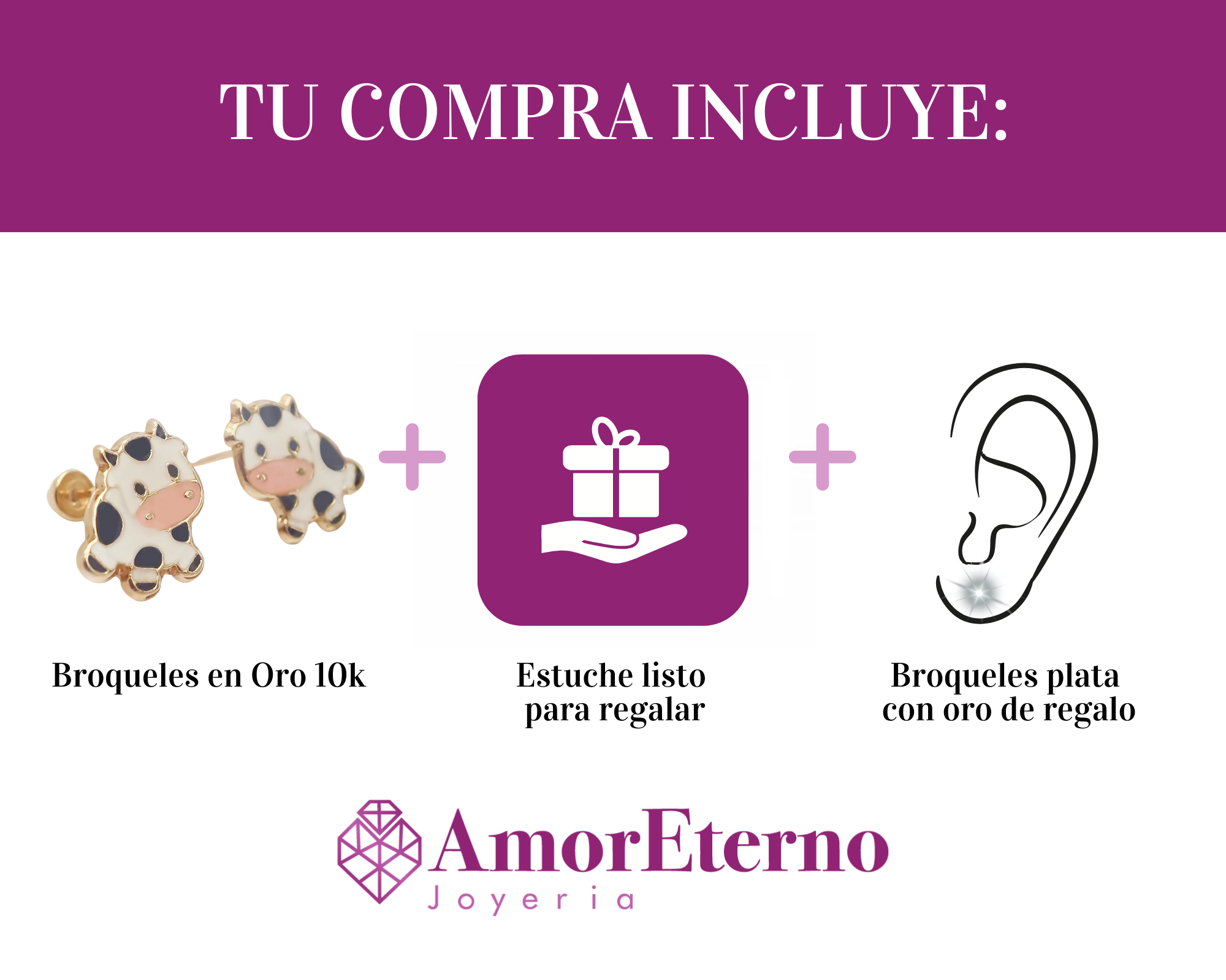 Amor Eterno - Broqueles Vaca Vaquita / Aretes Oro 10k