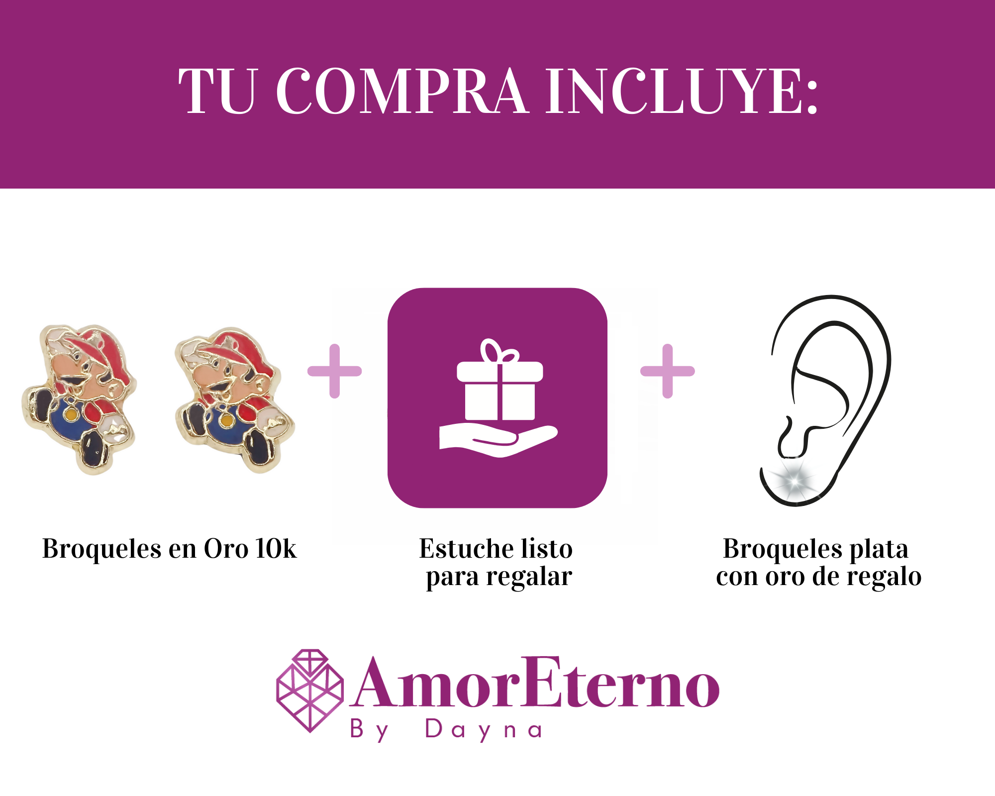 Amor Eterno - Broqueles Mario Bros / Aretes Oro 10k