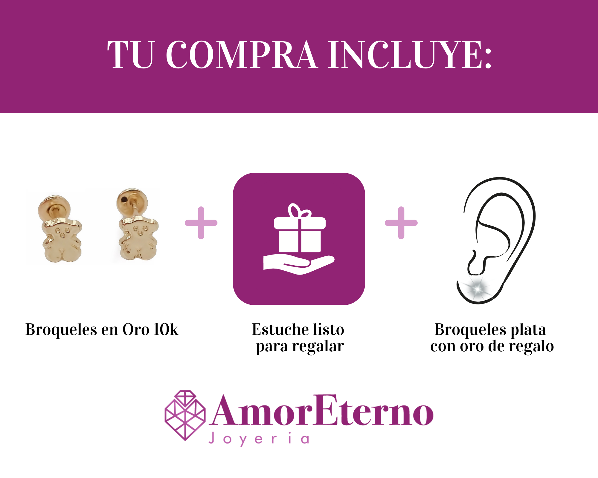 Amor Eterno - Broqueles / Aretes Osito Mini Bebé / Oro 10k