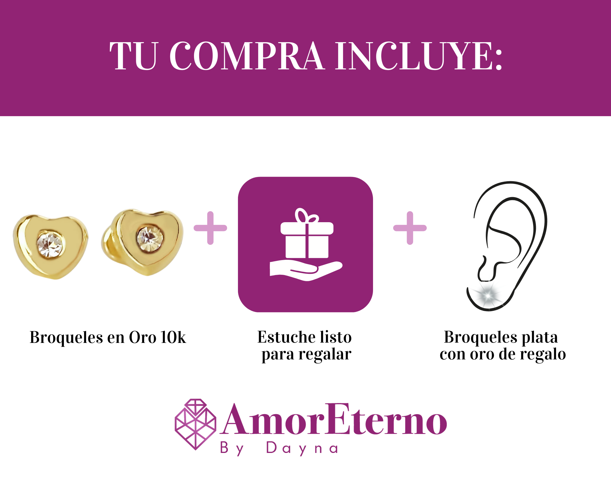Amor Eterno - Broqueles/Bebé Bisel Corazón/Oro 10k