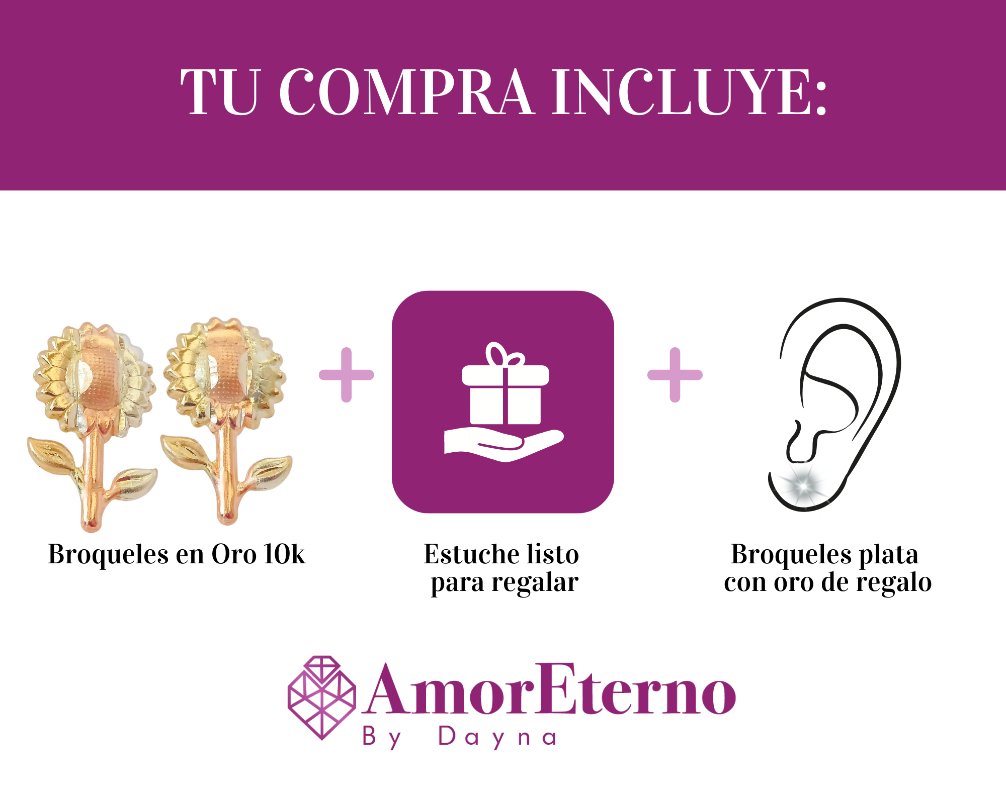 Amor Eterno - Broqueles Aretes / Girasol 3 Oros / Oro 10k