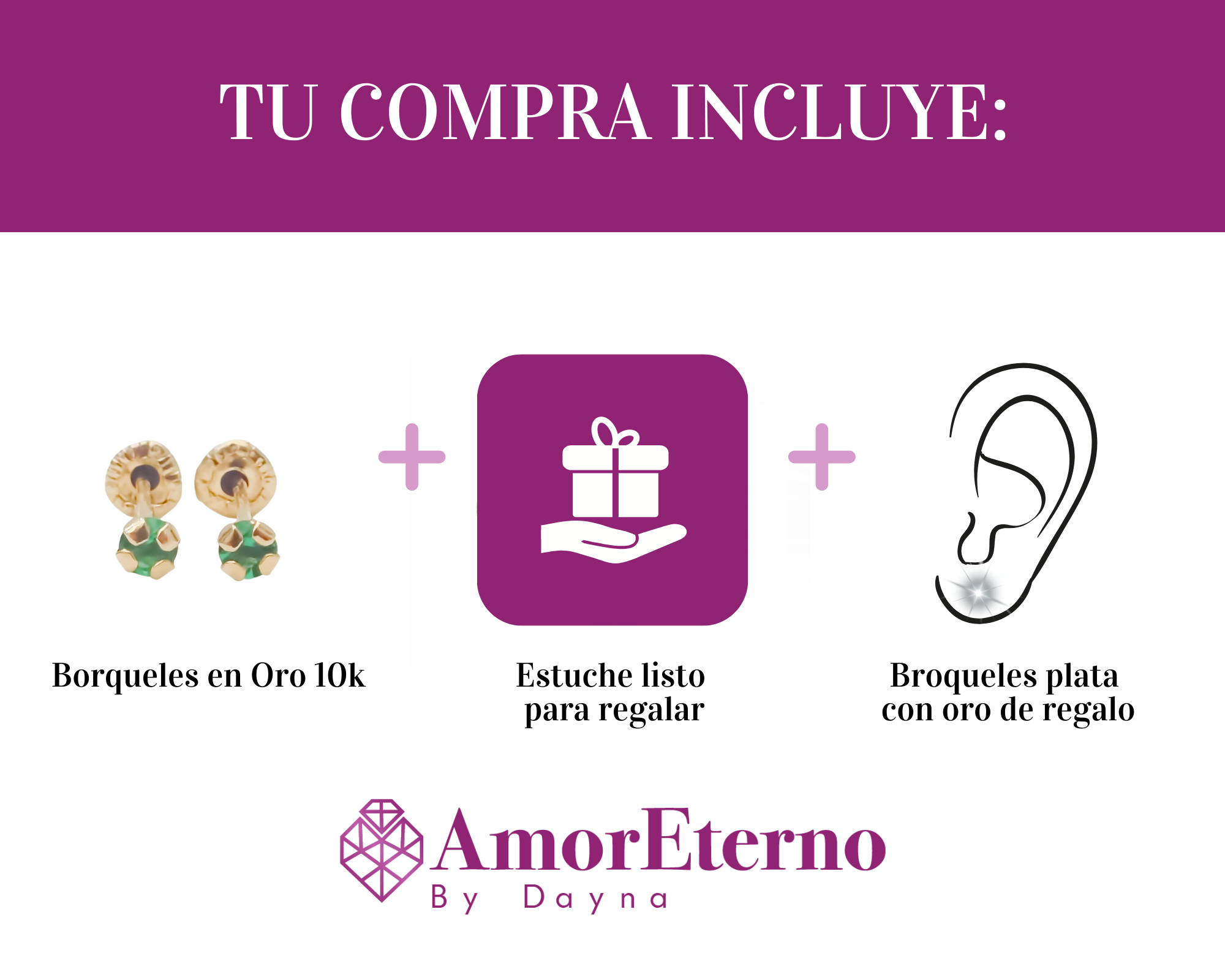 Amor Eterno - Broqueles Recto Mini Bebé / Aretes / Oro 10k / Verde