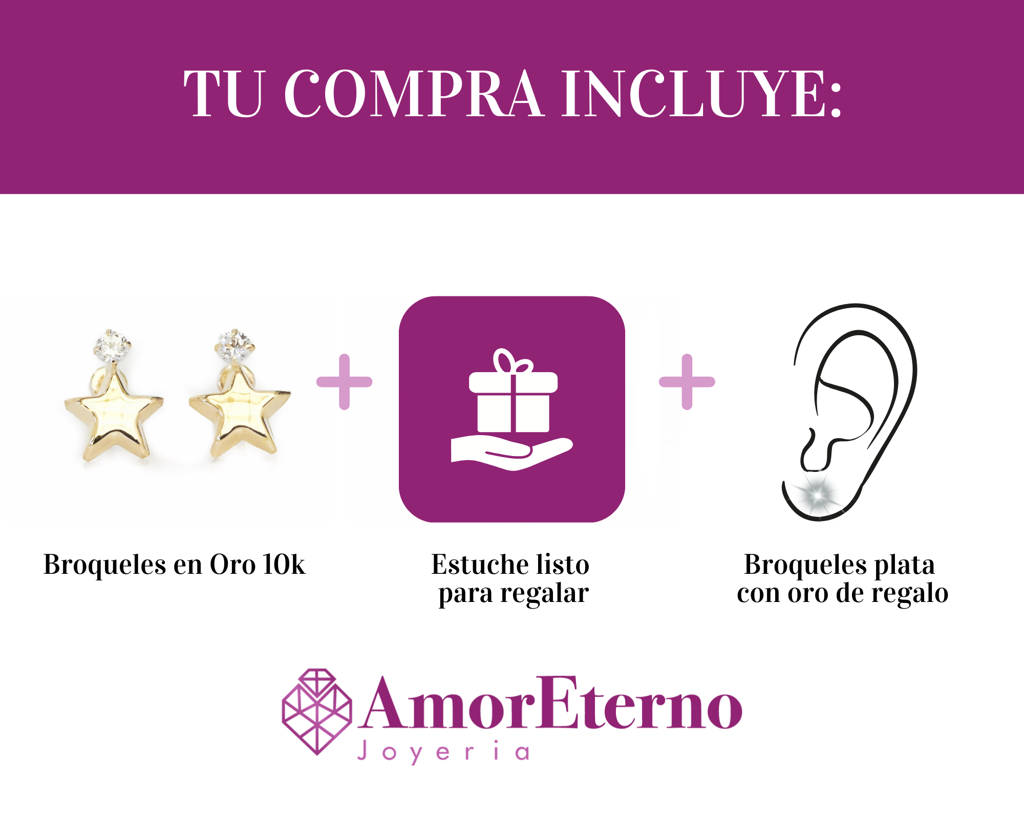 Amor Eterno - Broqueles / Estrella Diamante / Aretes Oro 10k