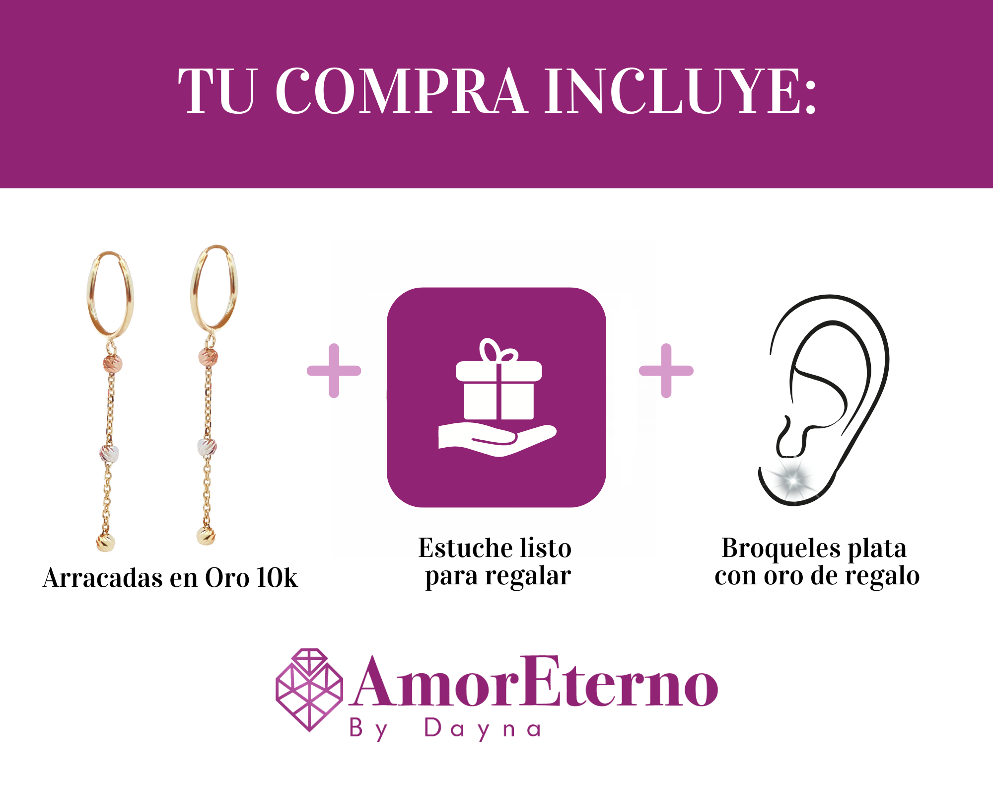Amor Eterno - Arracadas Colgantes 3 Oros / Aretes 10k