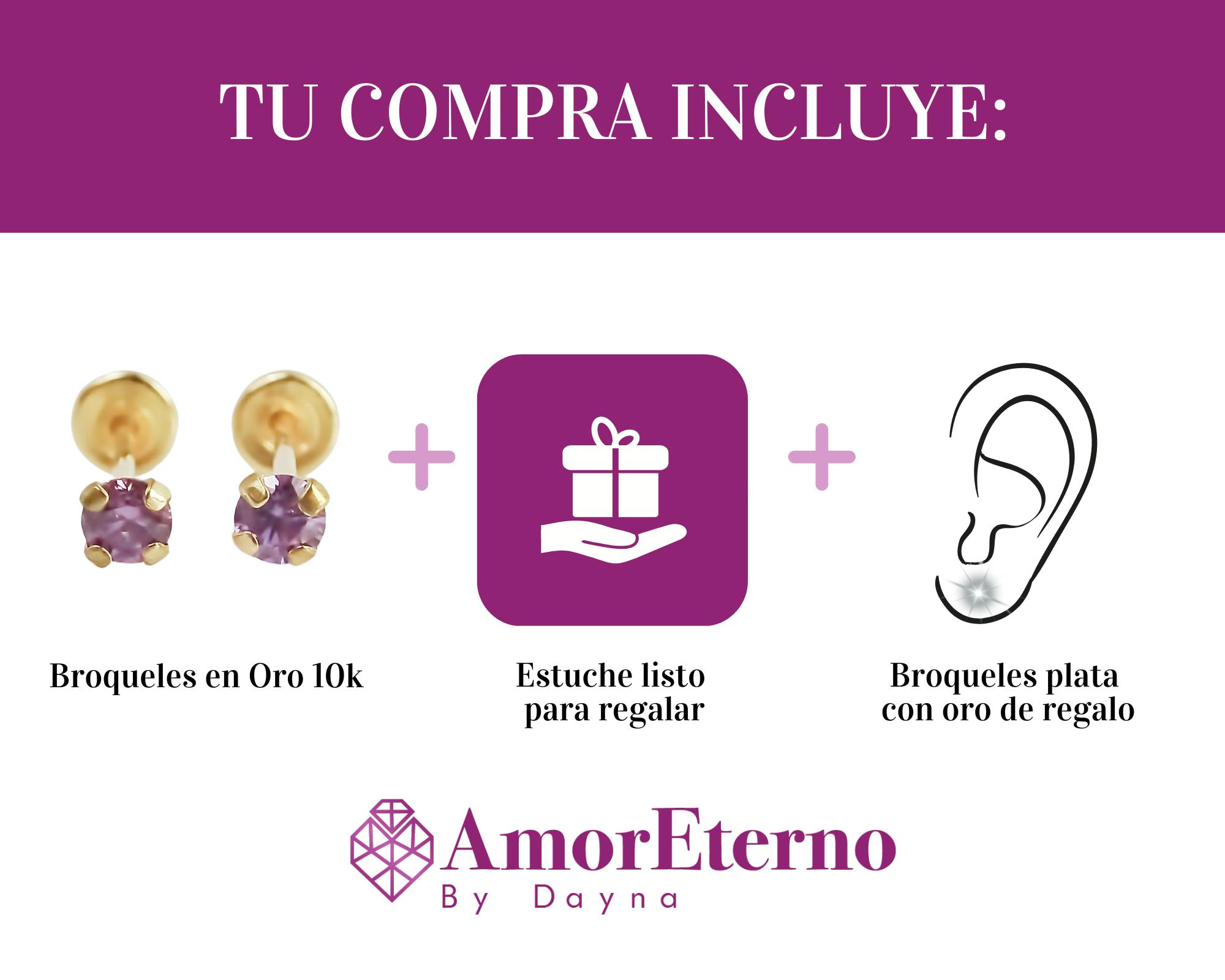 Amor Eterno - Broqueles Recto Mini Bebé / Aretes / Oro 10k / Lila