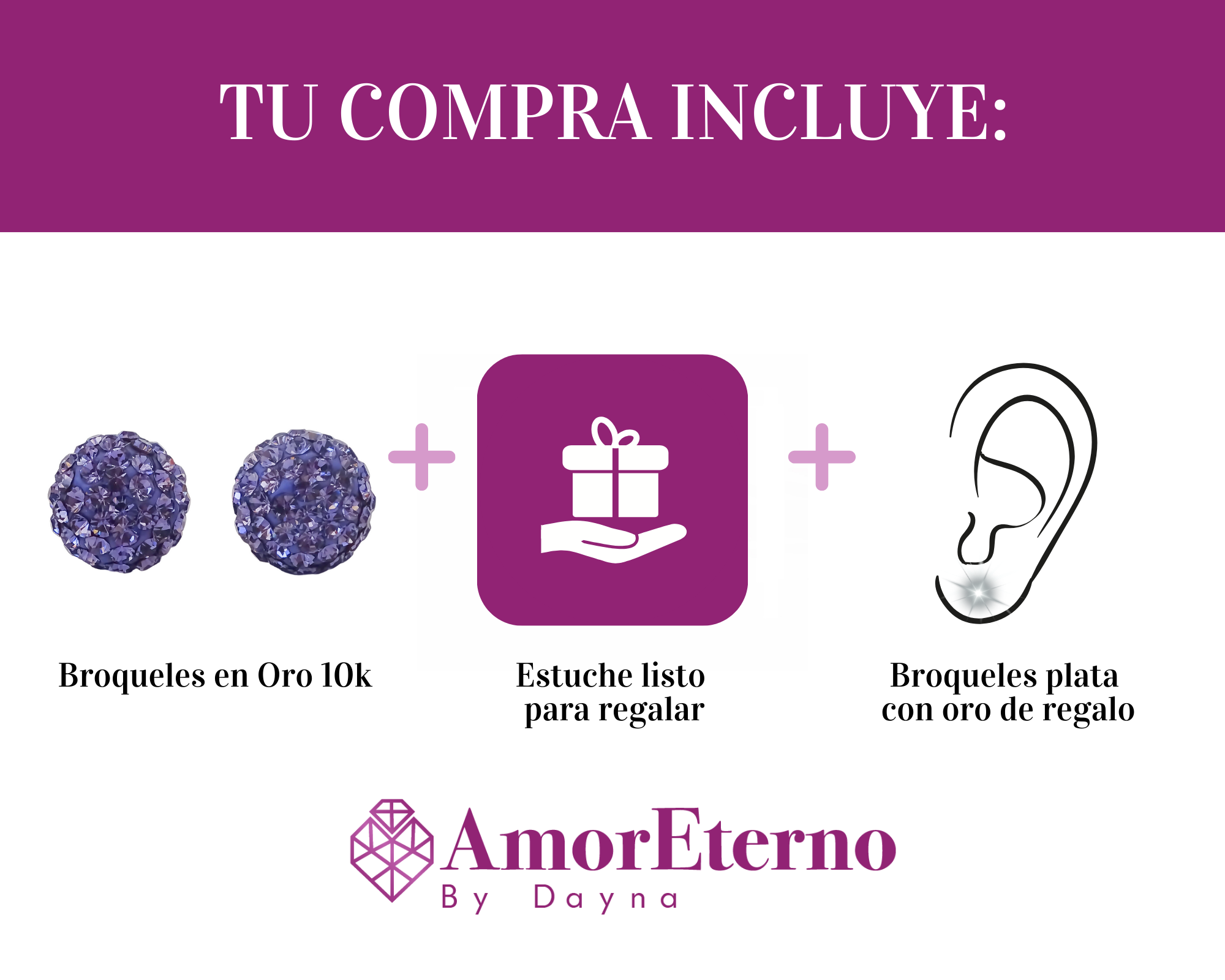 Amor Eterno - Broqueles Esferas Grandes / Aretes / Oro 10k / Morado