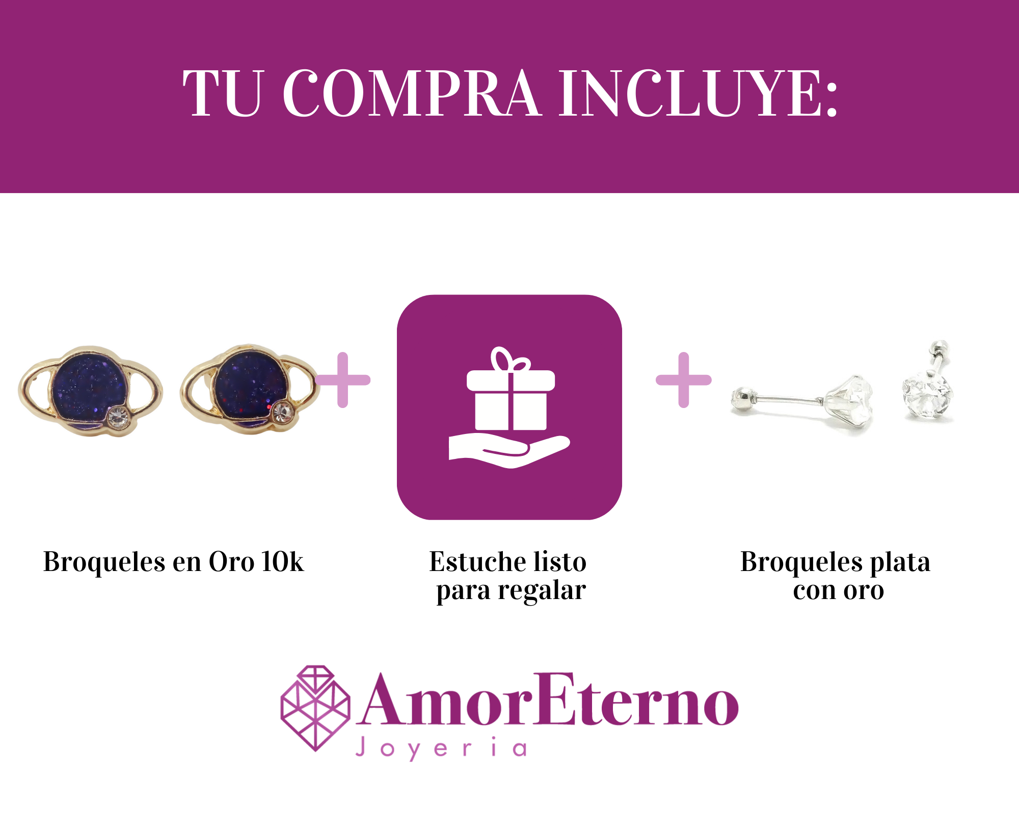 Amor Eterno - Broqueles Deluxe Saturno / Aretes / Oro 10k / Morado