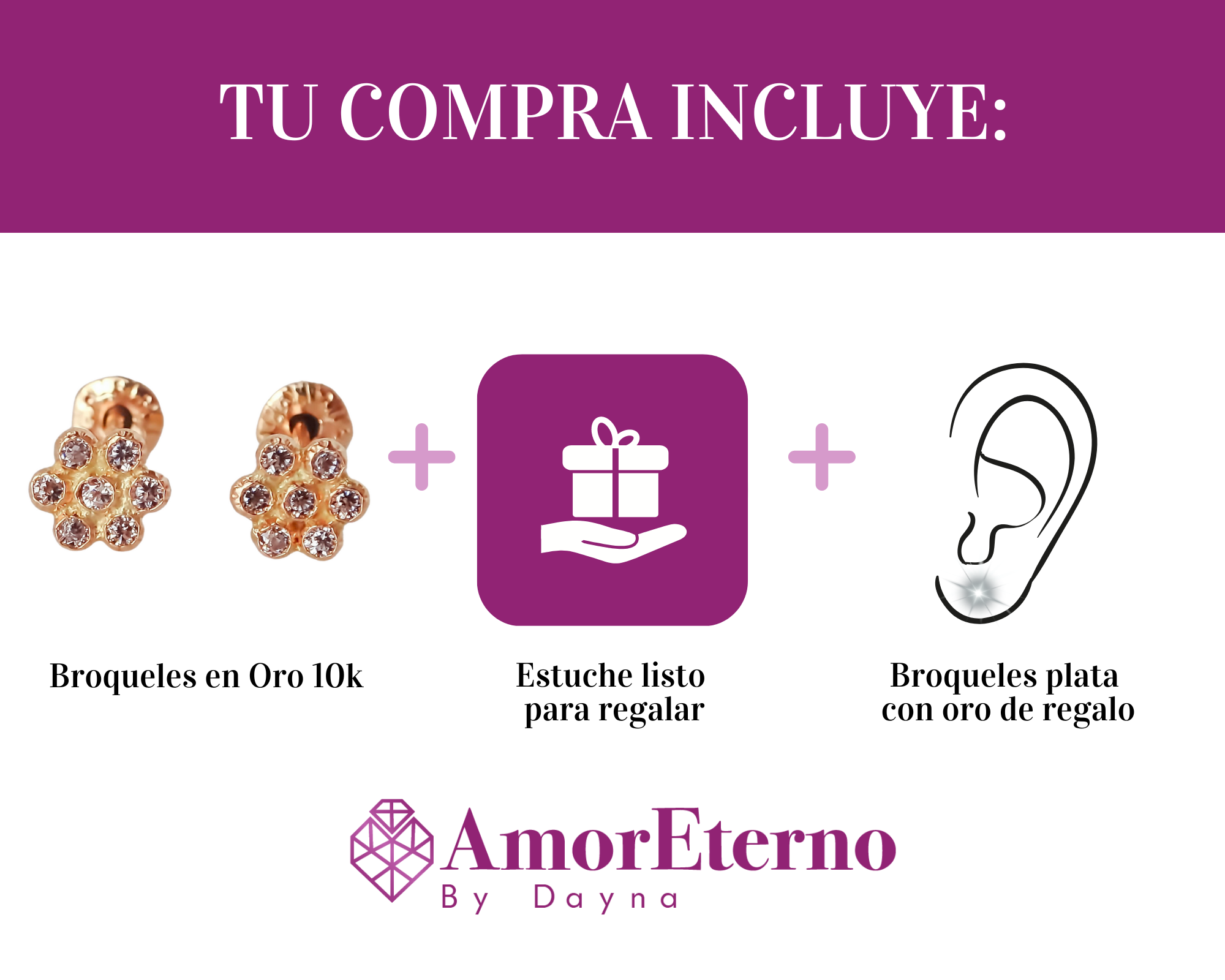 Amor Eterno - Broqueles Roseta Bebé / Aretes Oro 10k / Rosa