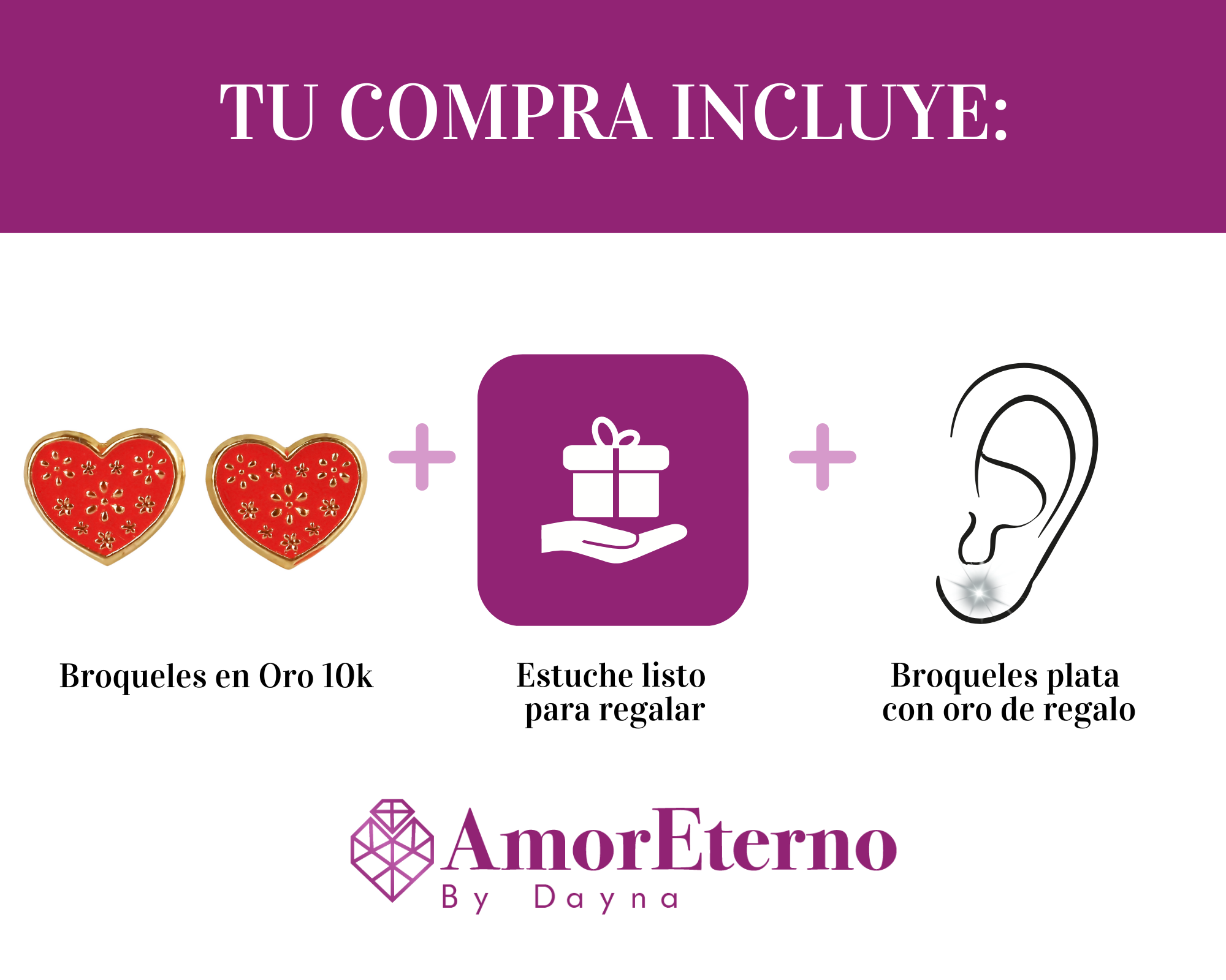 Amor Eterno - Broqueles Flores En Corazón / Aretes / Oro 10k