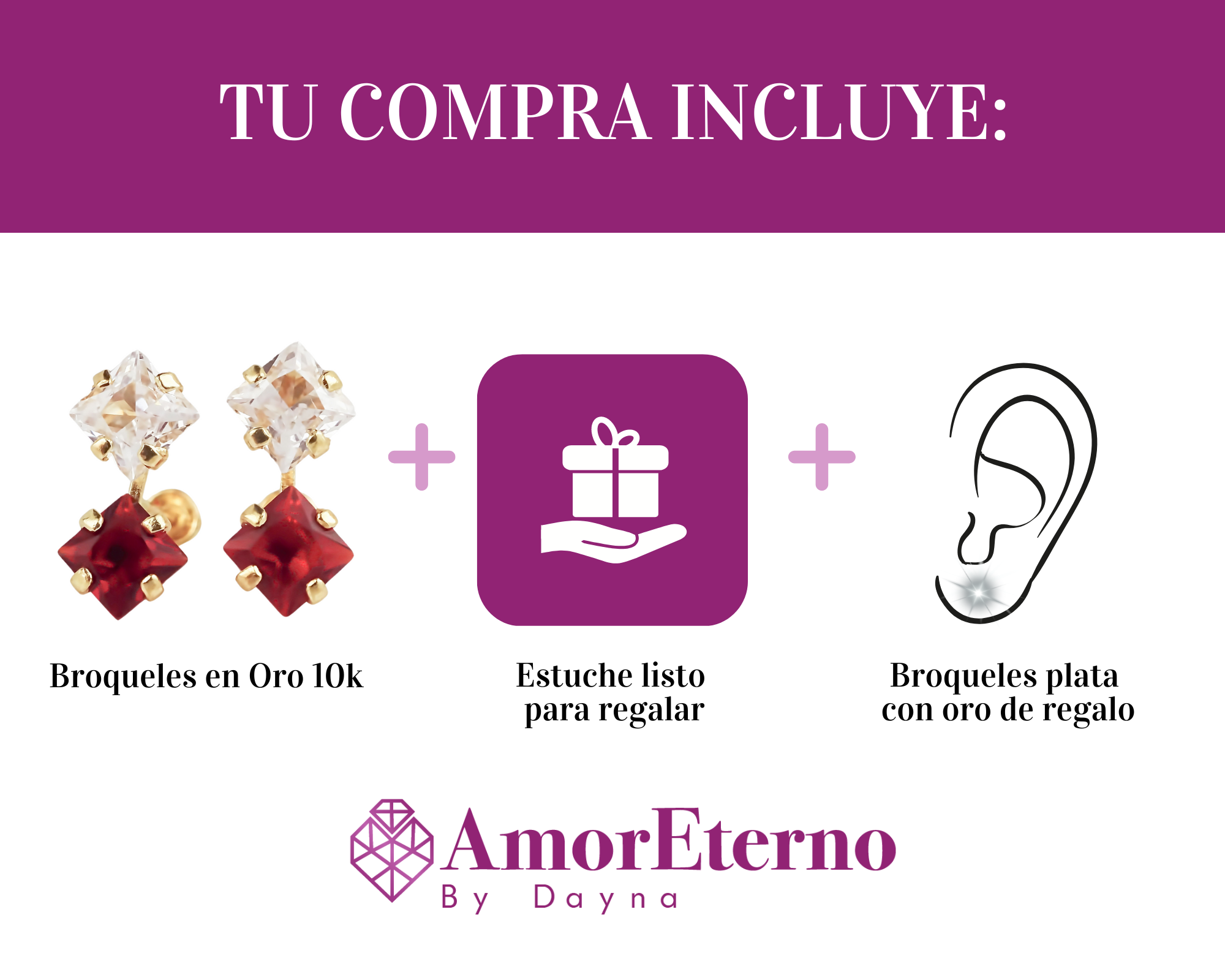 Amor Eterno - Broqueles Tu Y Yo Cuadrado / Aretes Oro 10k