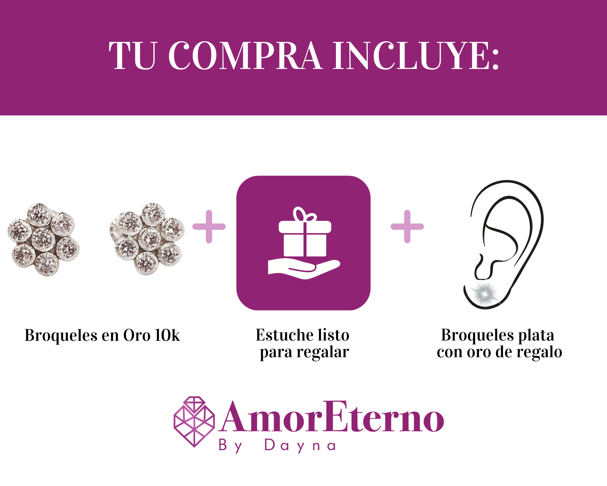 Amor Eterno - Broqueles Roseta / Aretes Oro 10k / Blanco
