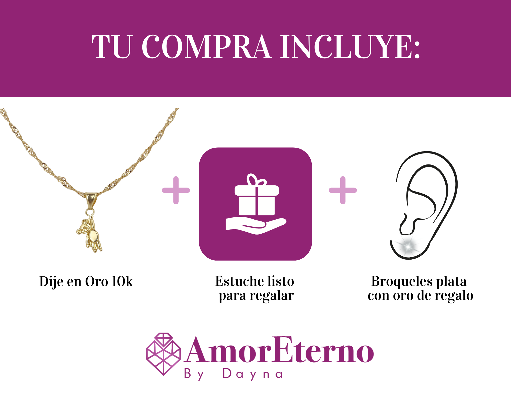 Amor Eterno - Dije Teddy / Oro Sólido 10k + Cadena De Regalo