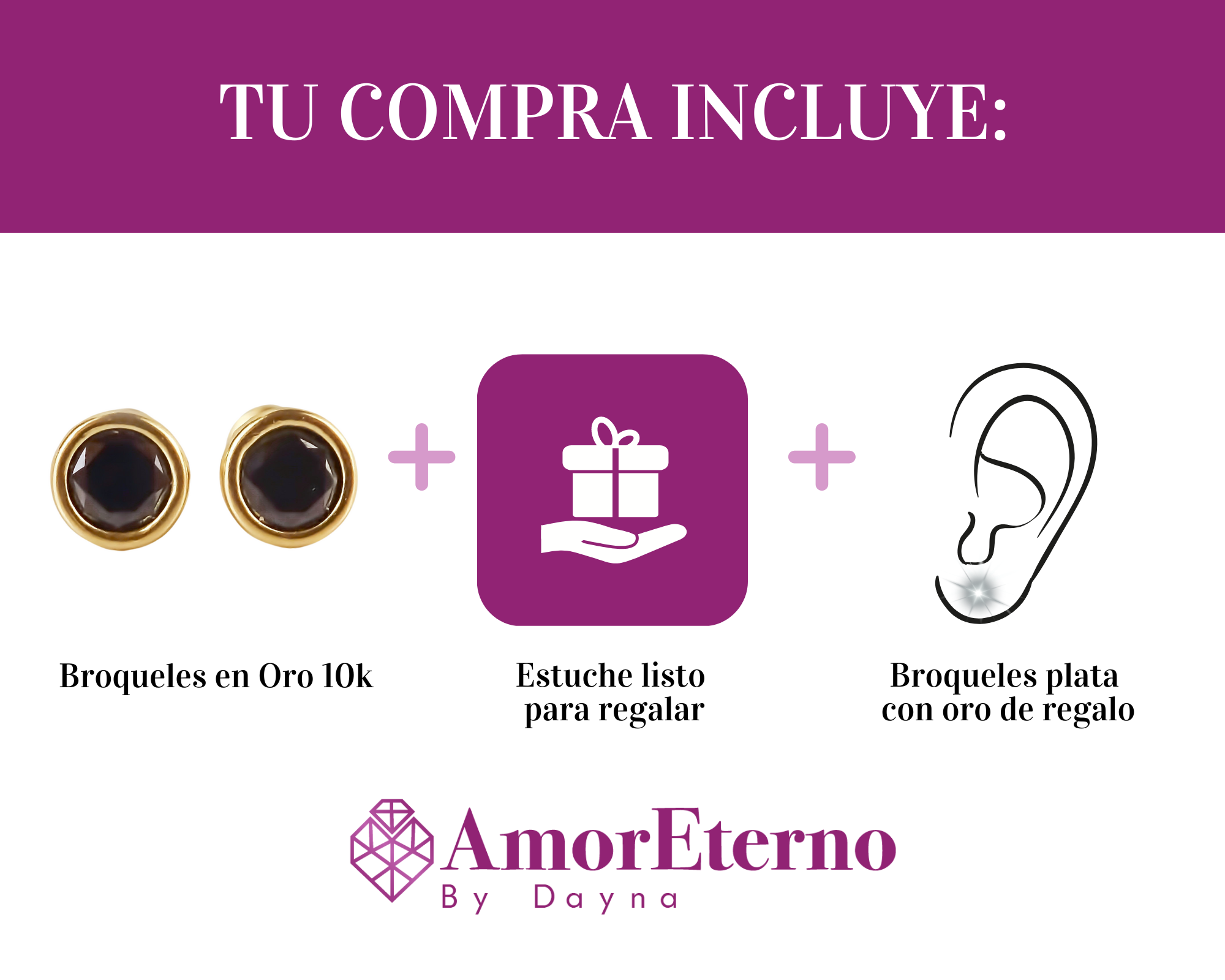 Amor Eterno - Broqueles Bisel Bebé 4 Mm / Aretes Oro 10k / NEGRO