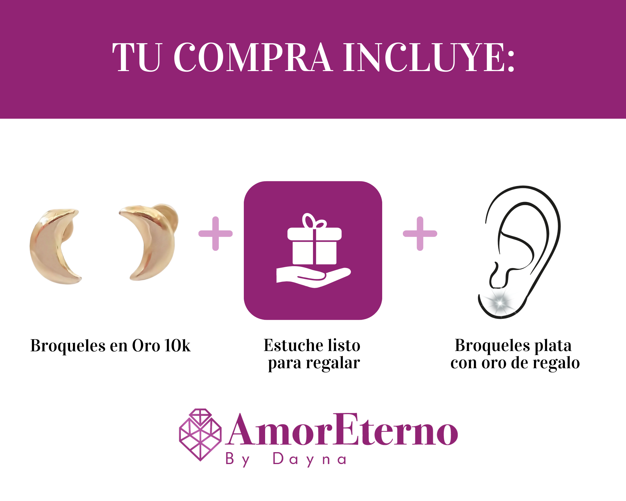 Amor Eterno - Broqueles Luna / Aretes / Oro Sólido 10k / Rellena Mini