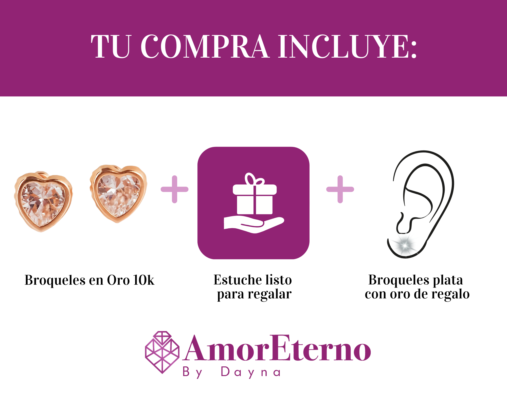 Amor Eterno - Broquel Corazón Bisel #6 / Aretes Oro 10k / ROSA