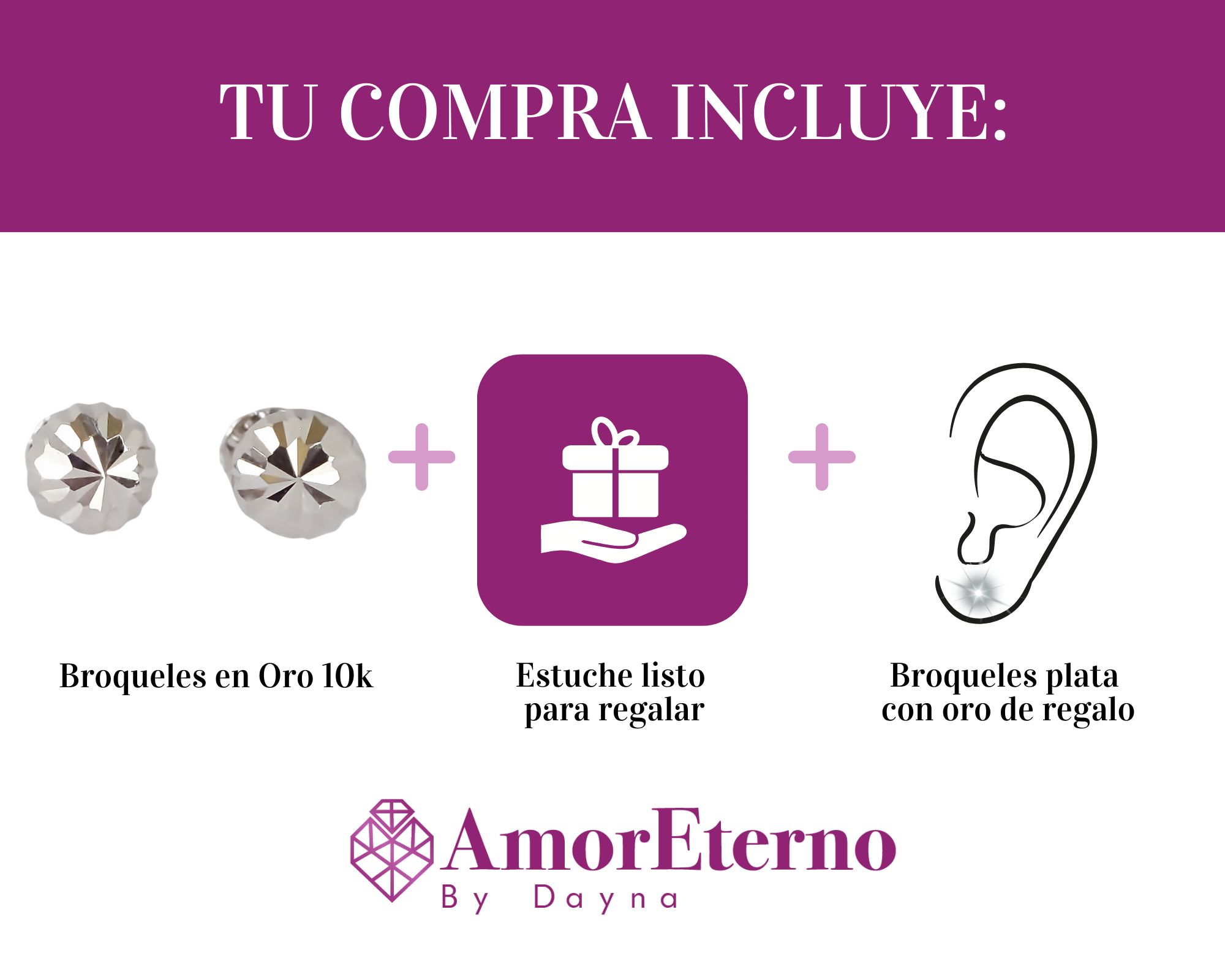Amor Eterno - Broqueles Hongo / Aretes / Oro Sólido 10k / Blanco