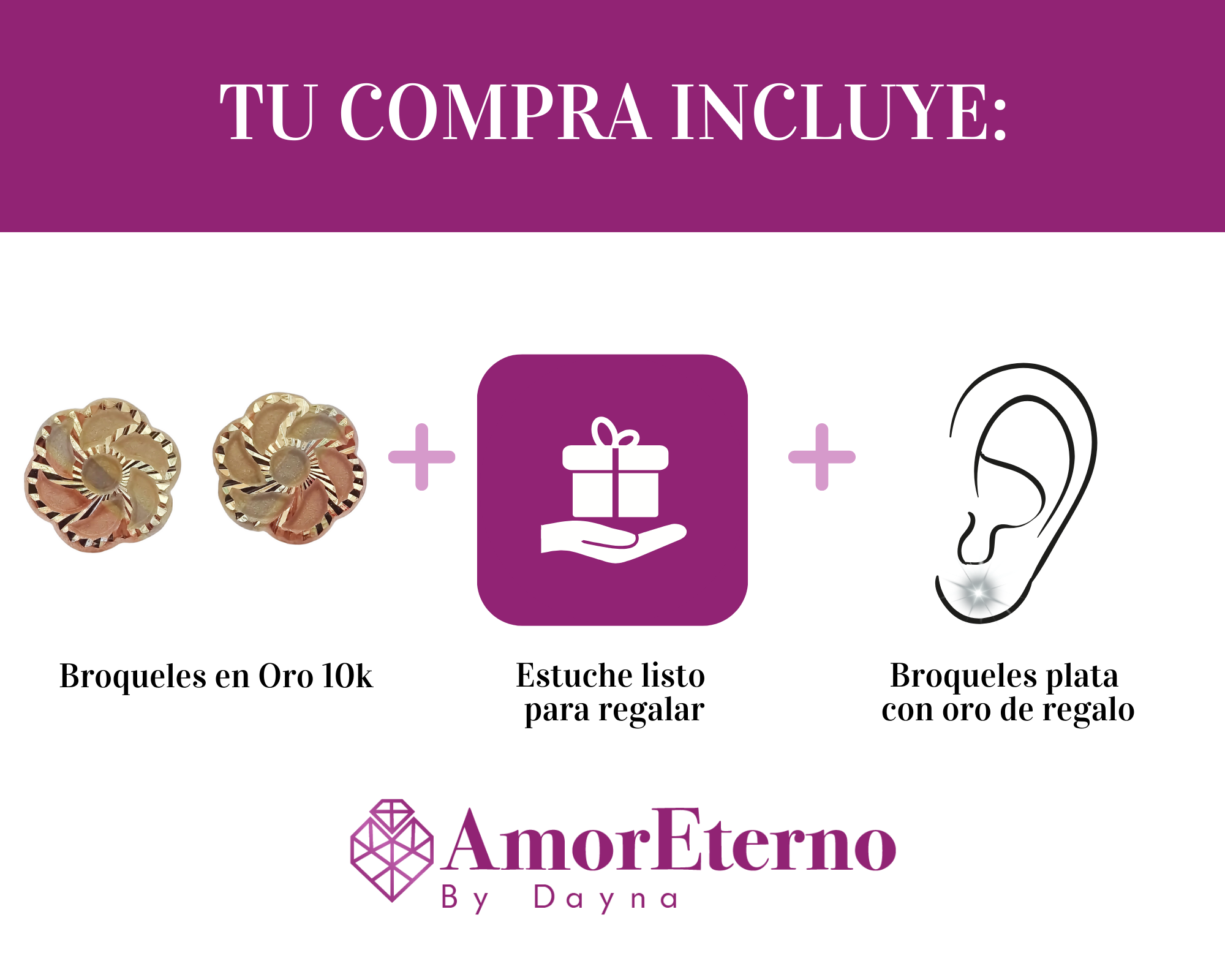 Amor Eterno - Broqueles Aretes / Flor 3 Oros / Oro 10k