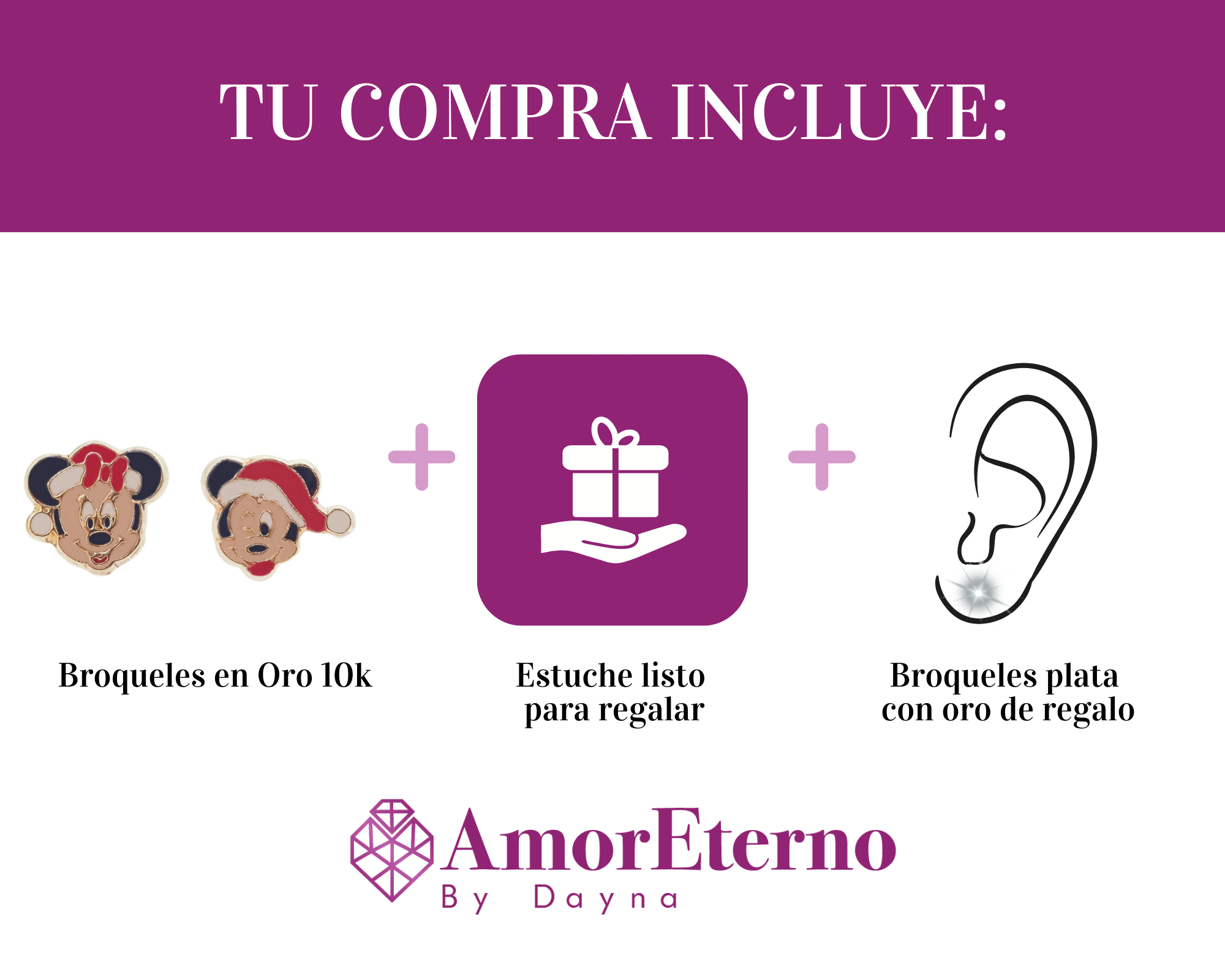 Amor Eterno - Broqueles / Mickey Minnie Navideño Oro 10k / Mickey - Minnie