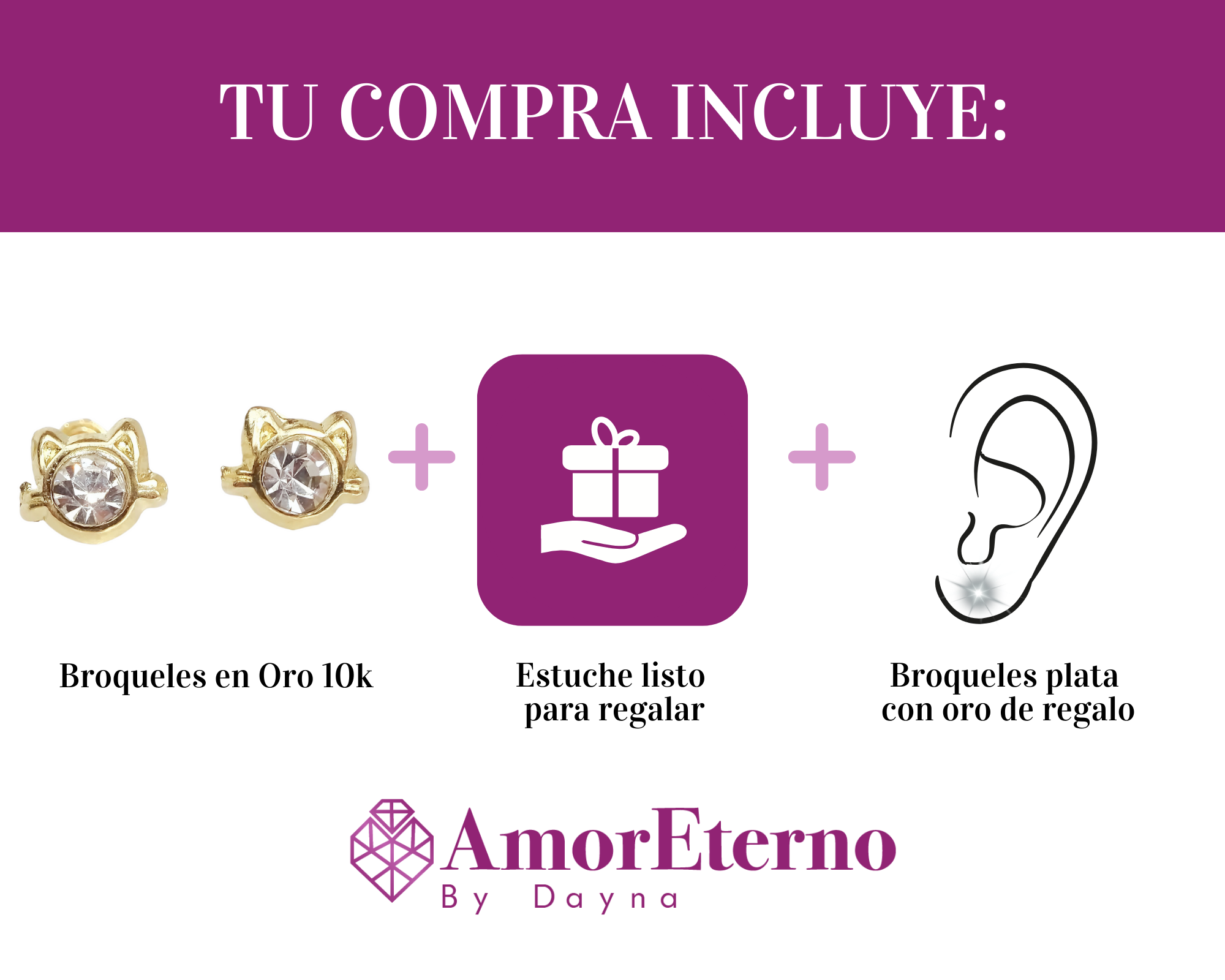 Amor Eterno - Broqueles Carita De Gato / Aretes Oro 10k