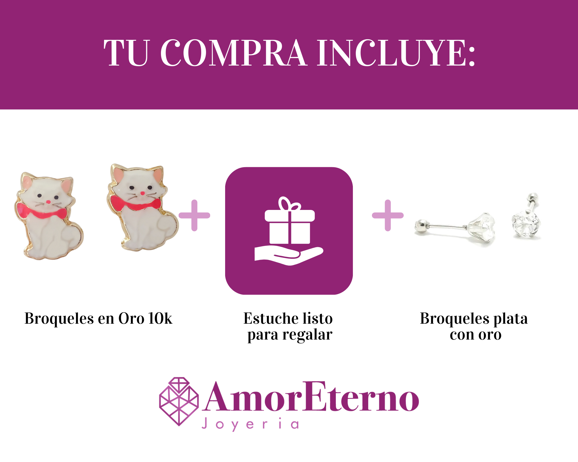 Amor Eterno - Broqueles Deluxe Gatita / Aretes / Oro 10k