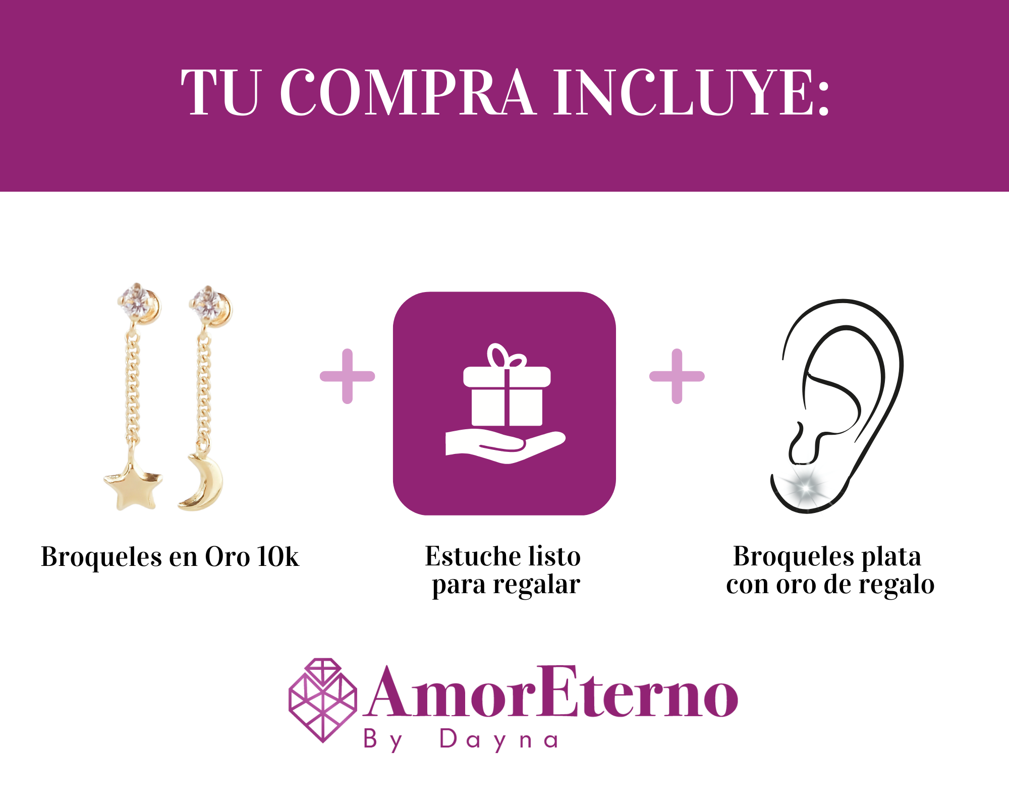 Amor Eterno- Broqueles Luna Estrella Cadena / Aretes Oro 10k