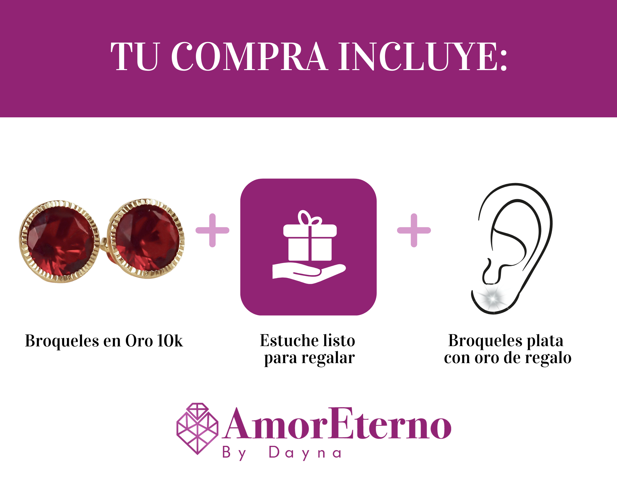 Amor Eterno - Broqueles Recto Facetado Grande 8mm / Oro 10k / Rojo