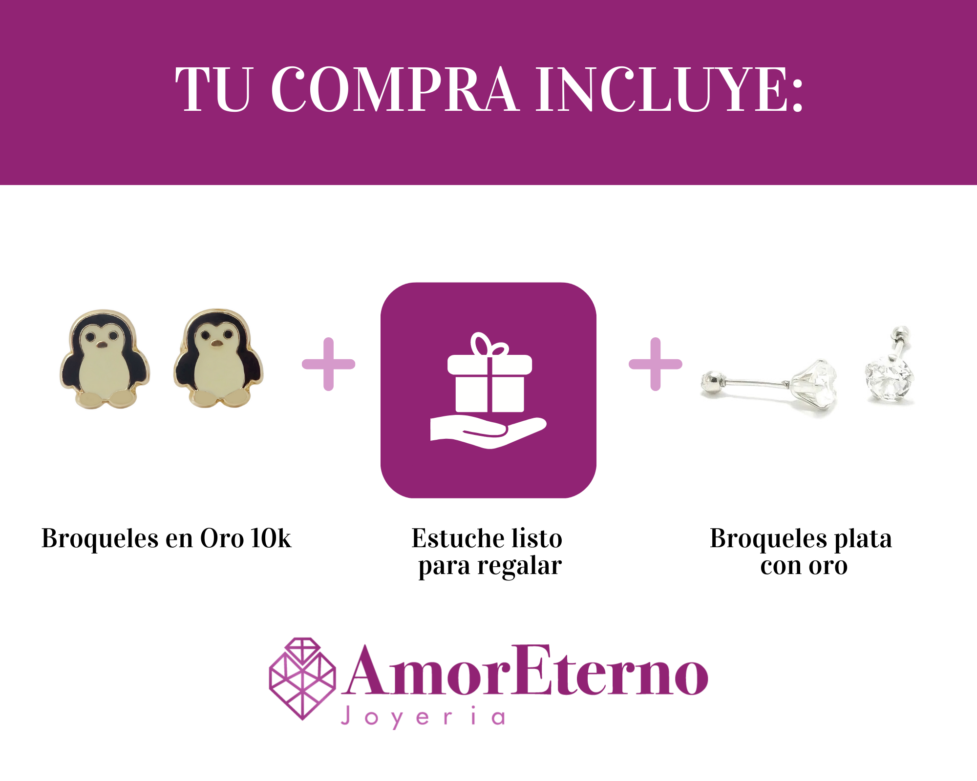 Amor Eterno - Broqueles Deluxe Pinguinos / Aretes / Oro 10k