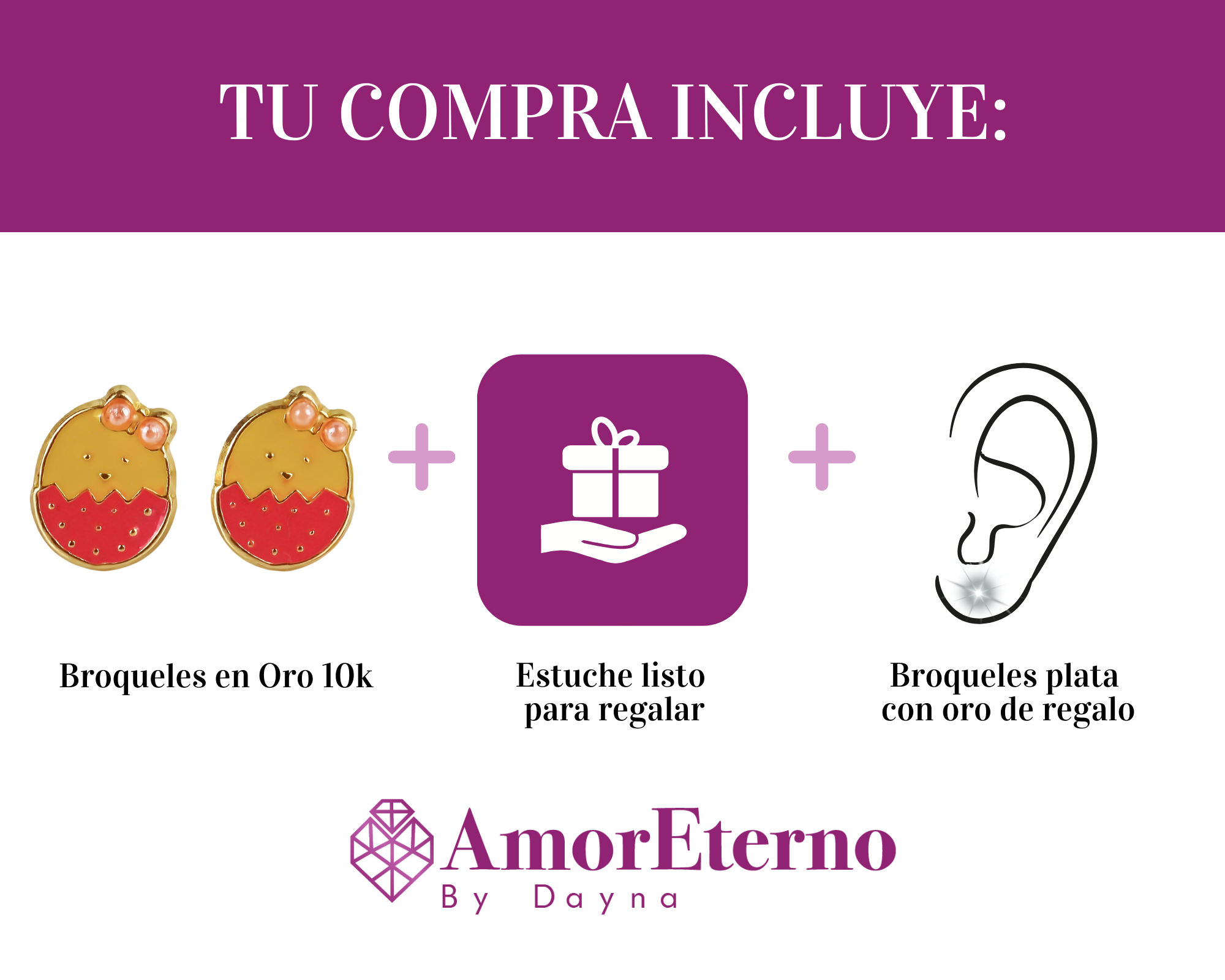Amor Eterno - Broqueles Huevo Pollita / Aretes Oro 10k