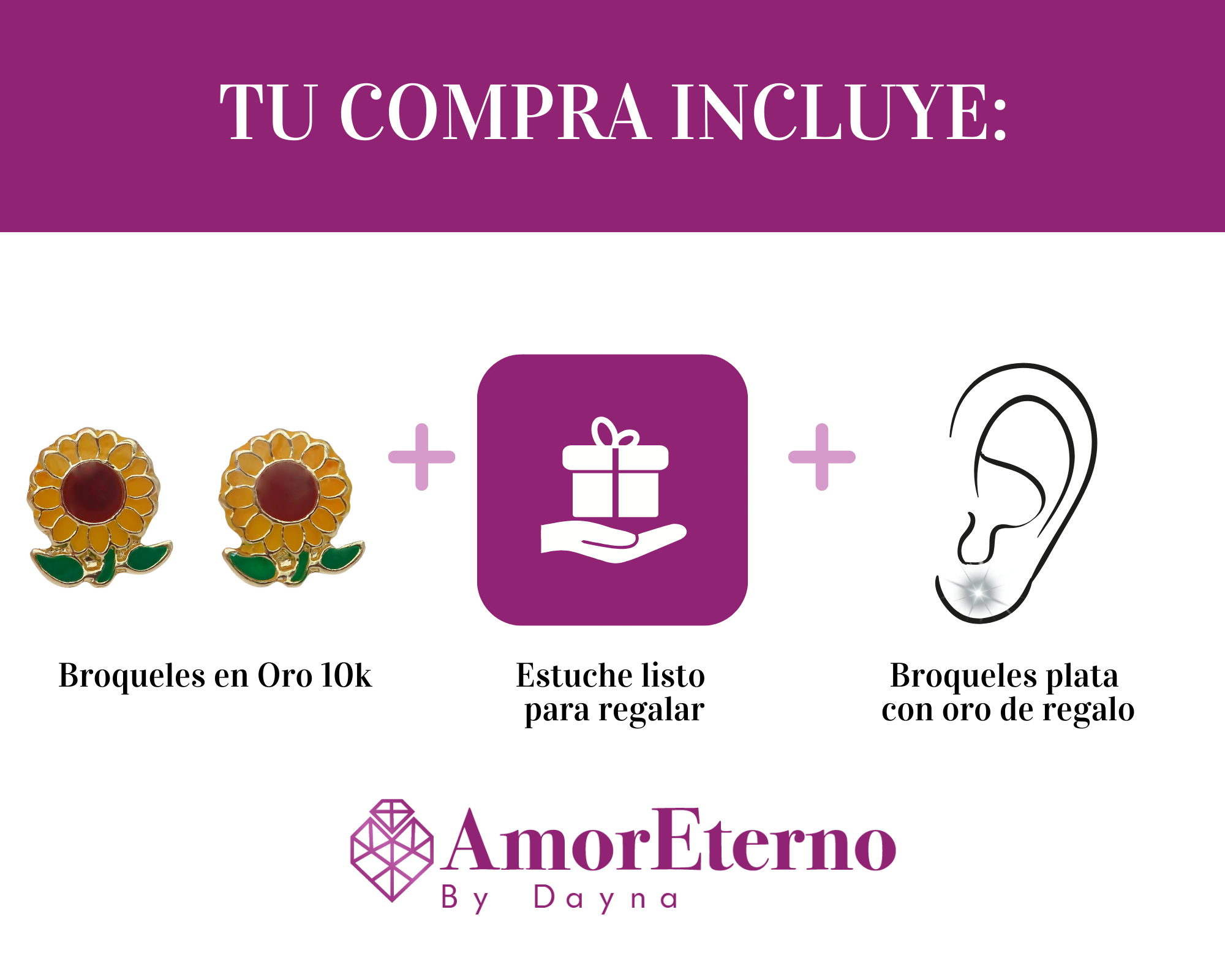 Amor Eterno - Broqueles Aretes / Girasol Esmaltado / Oro 10k