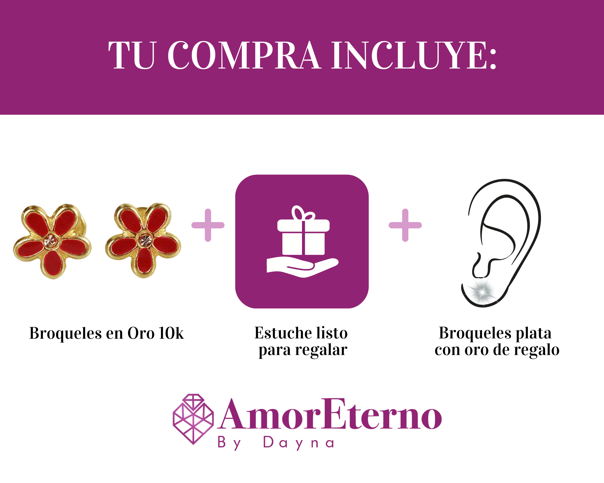Amor Eterno - Broqueles Margarita Esmaltada / Oro Sólido 10k / ROJO