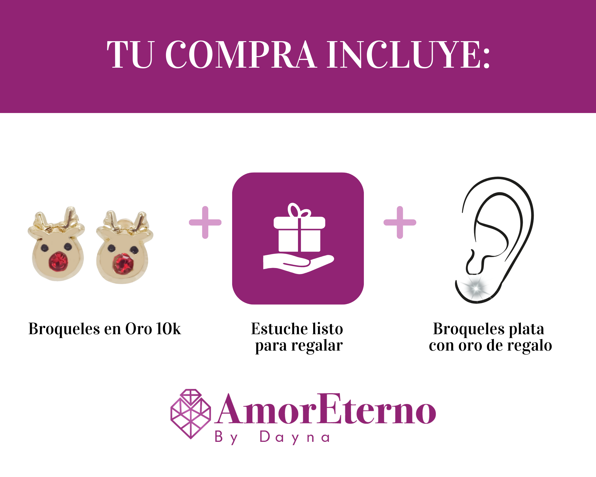 Amor Eterno - Broqueles / Reno Rodolfo Navideño / Oro 10k