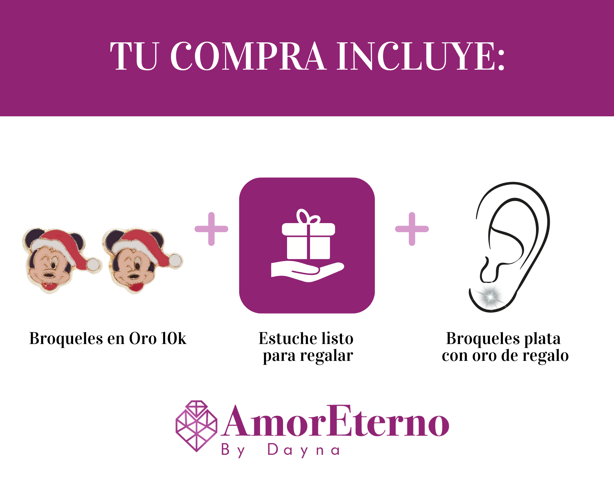 Amor Eterno - Broqueles / Mickey Minnie Navideño Oro 10k / Mickey