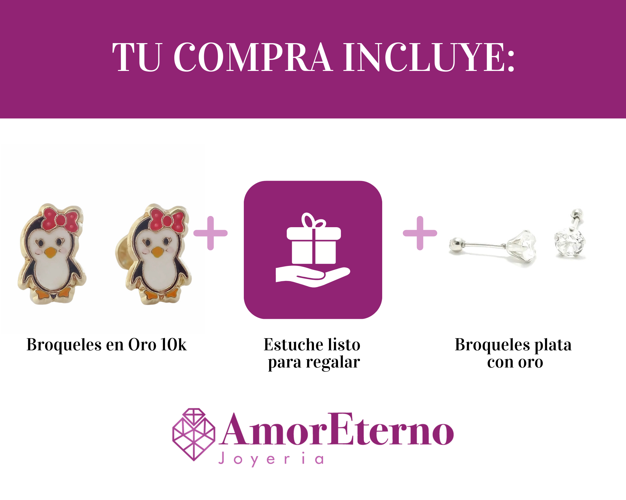 Amor Eterno - Broqueles Deluxe Pinguinos / Aretes / Oro 10k / Pinguinita