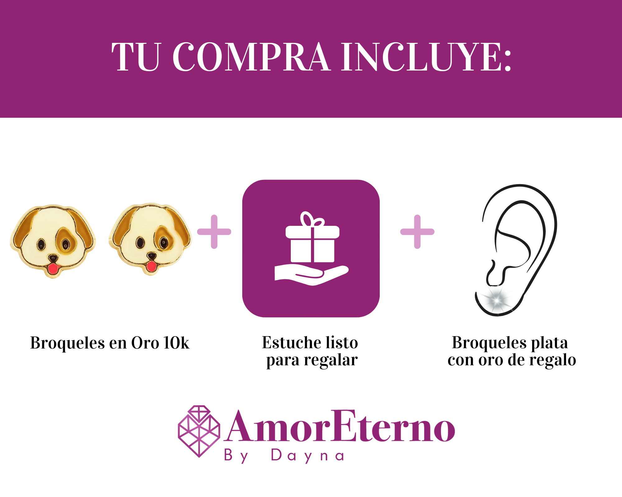 Amor Eterno - Broqueles Deluxe Perrito / Aretes / Oro 10k / Mancha