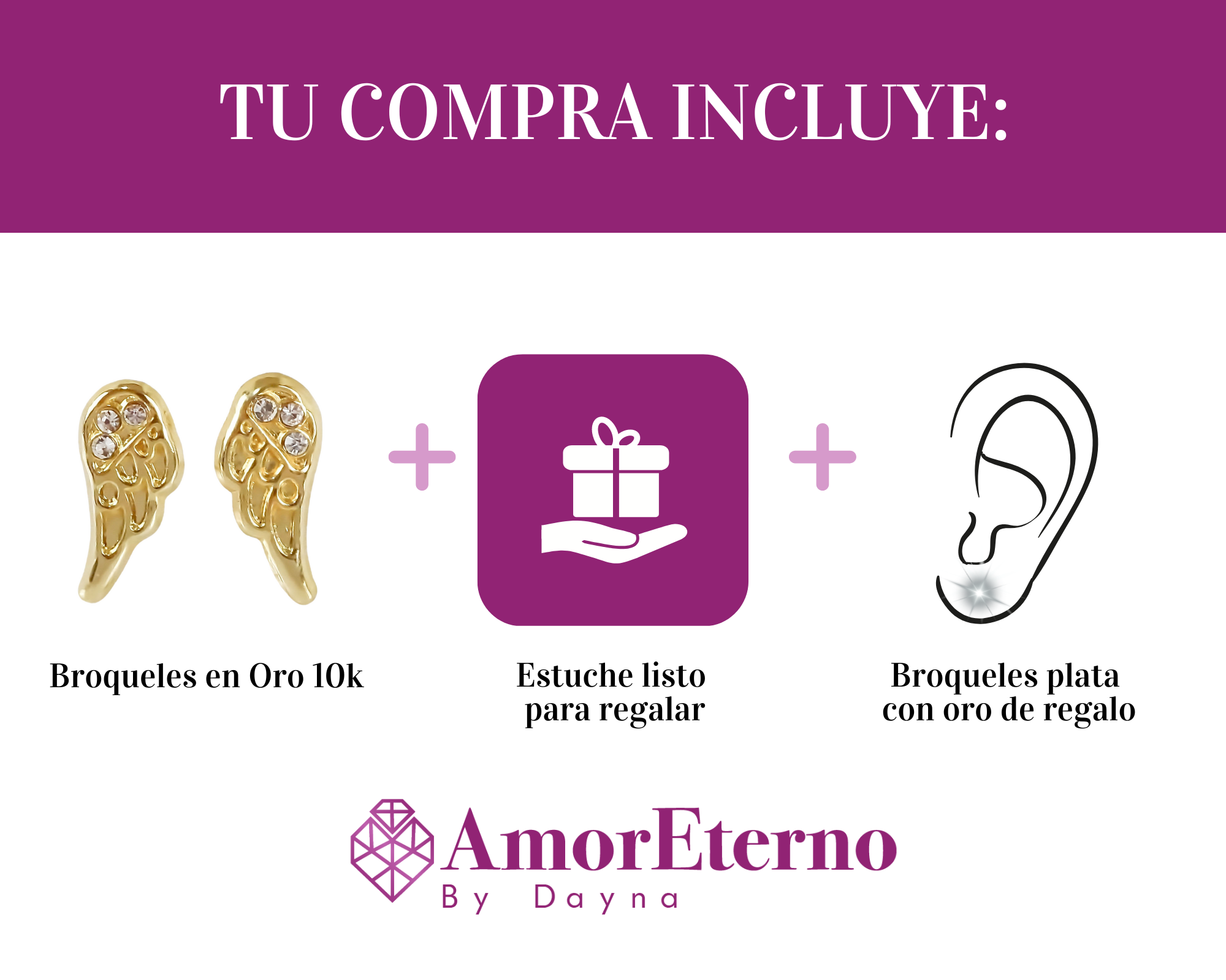 Amor Eterno - Broqueles Alas Ángel Piedras / Aretes Oro 10k
