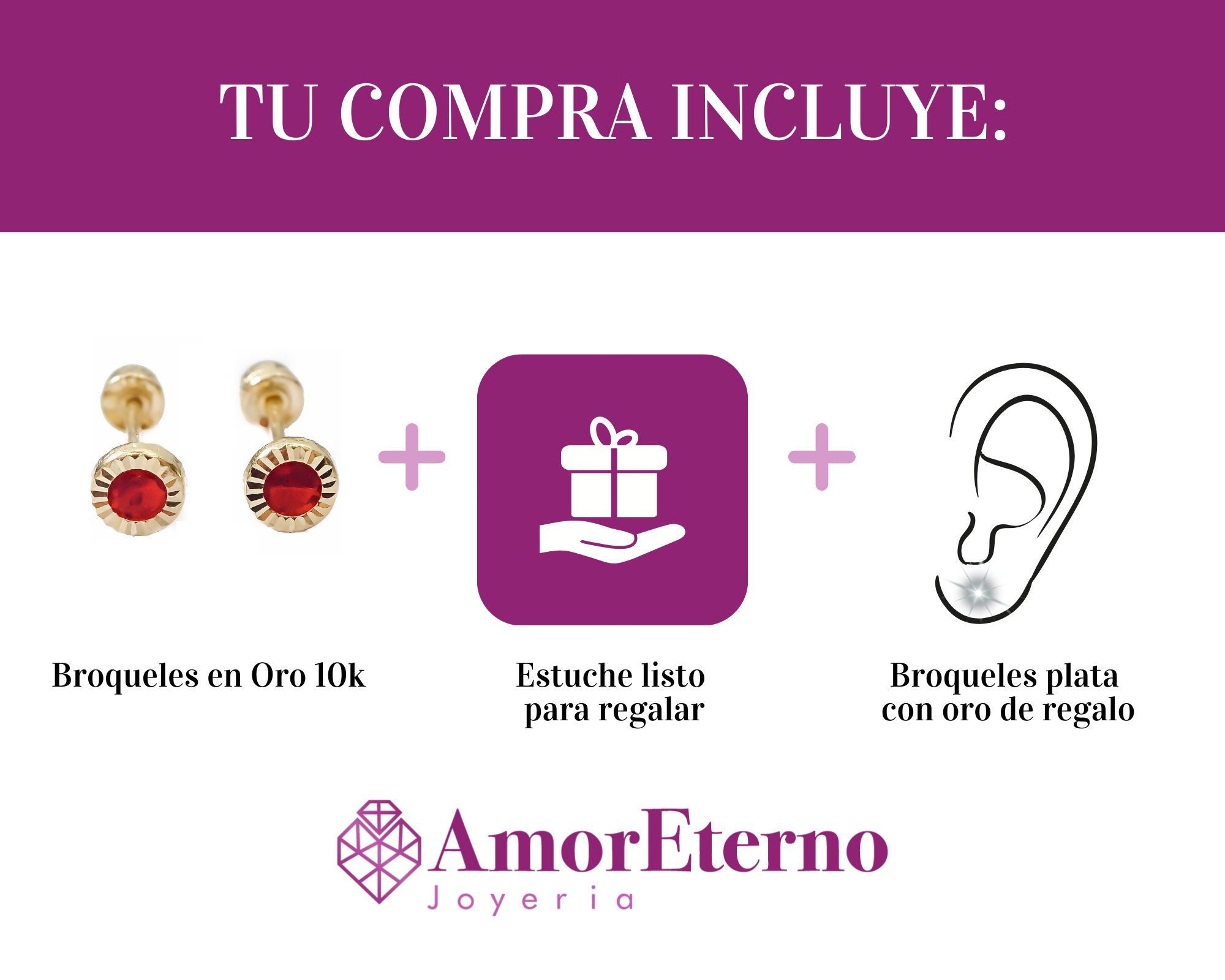 Amor Eterno - Broqueles Facetado Bebé / Aretes / Oro 10k / Rojo