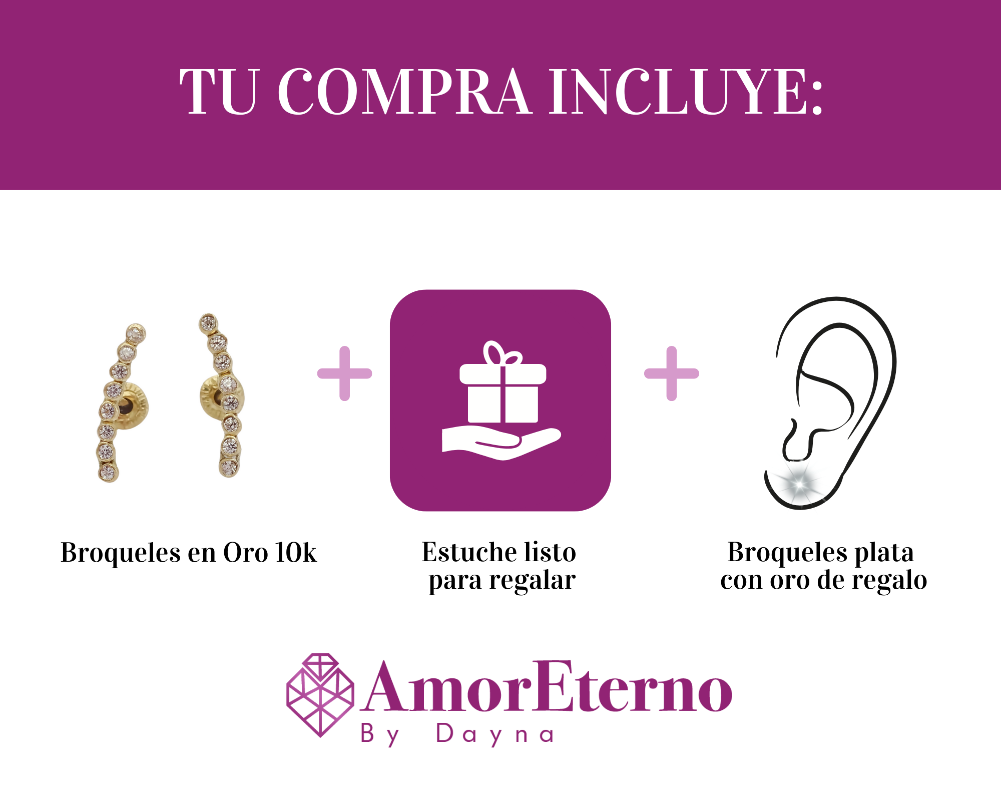 Amor Eterno - Broqueles Lambada Bebé / Aretes Oro 10k / Transparente