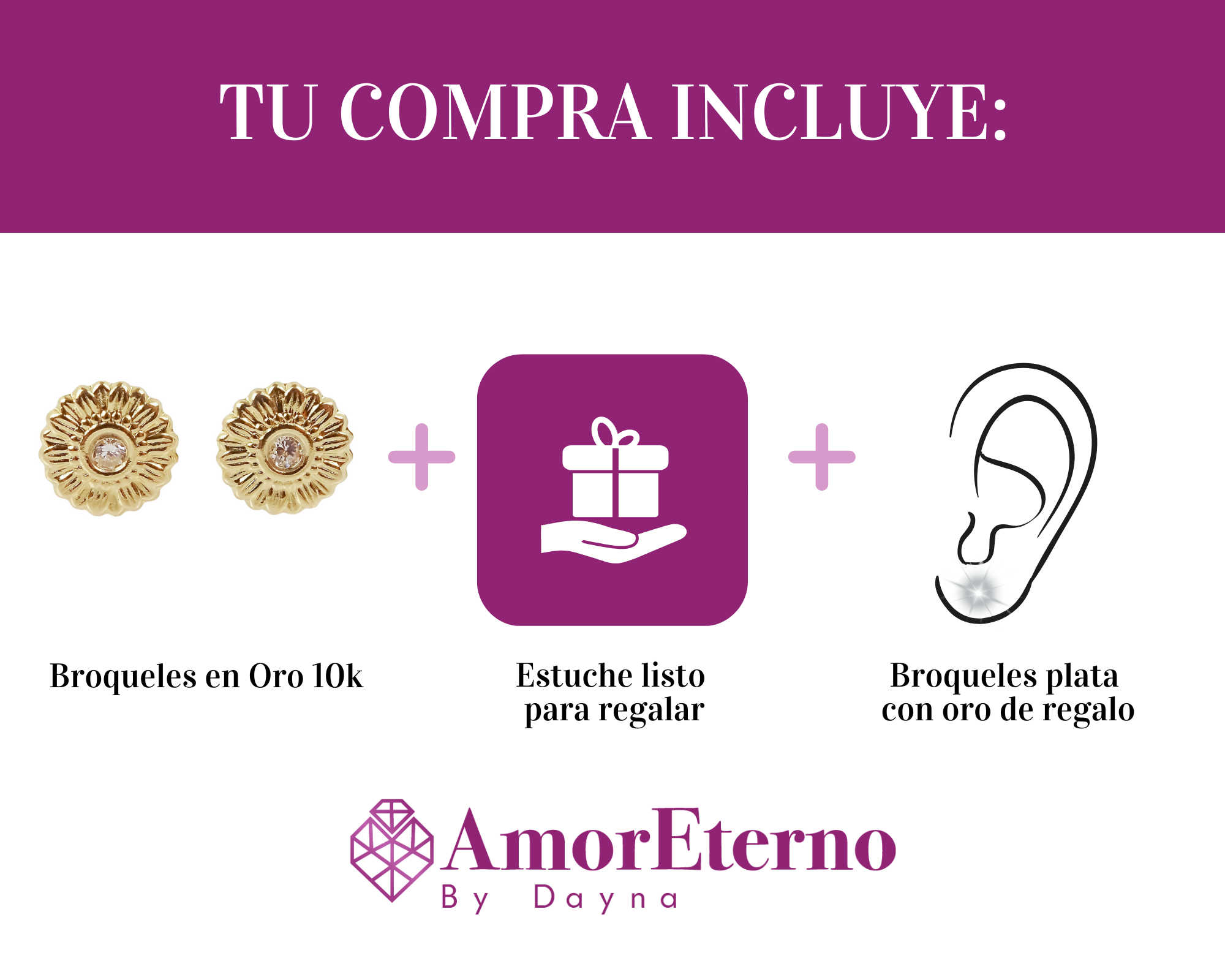 Amor Eterno - Broqueles Girasol Elegance / Aretes Oro 10k