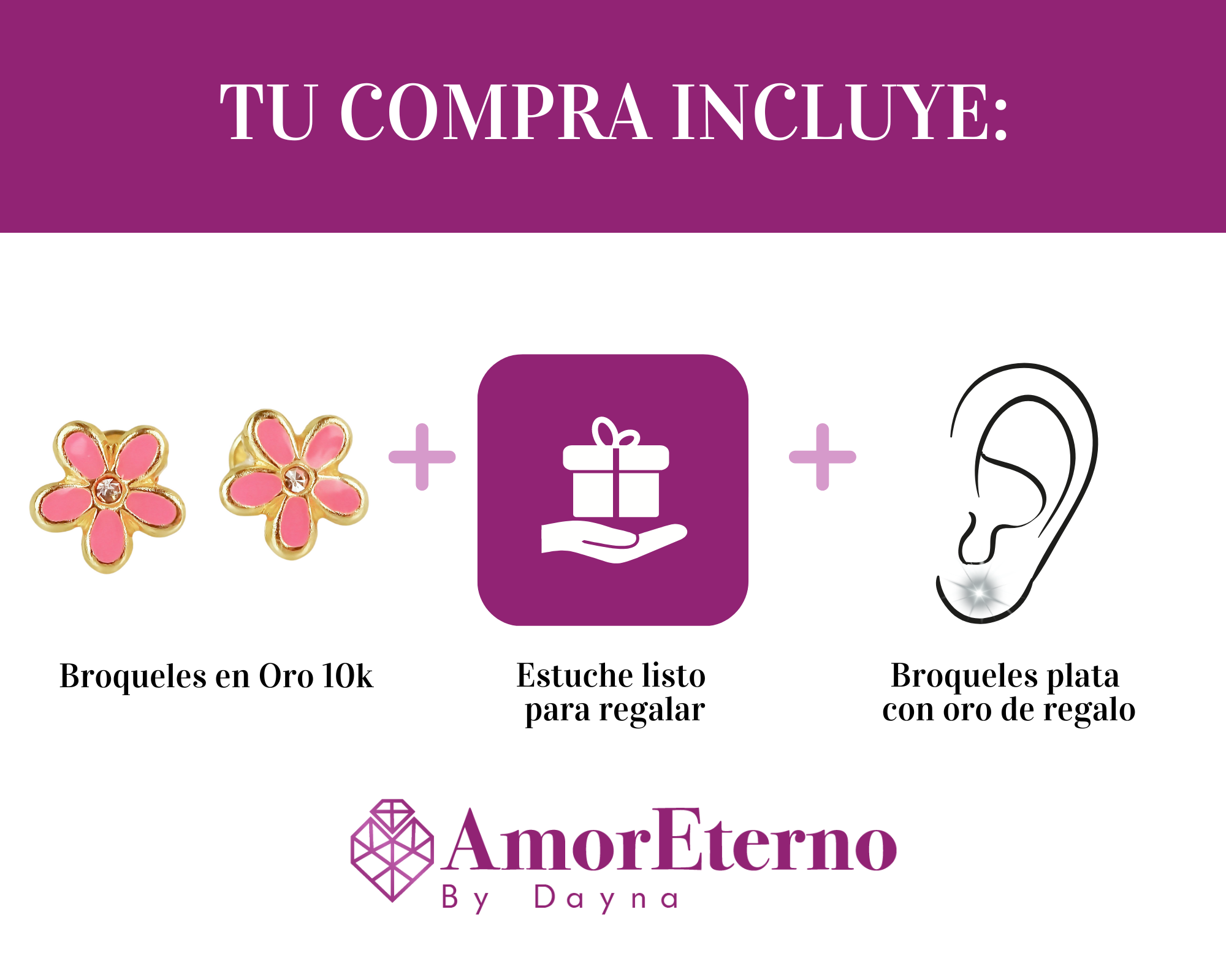 Amor Eterno - Broqueles Margarita Esmaltada / Oro Sólido 10k / ROSA