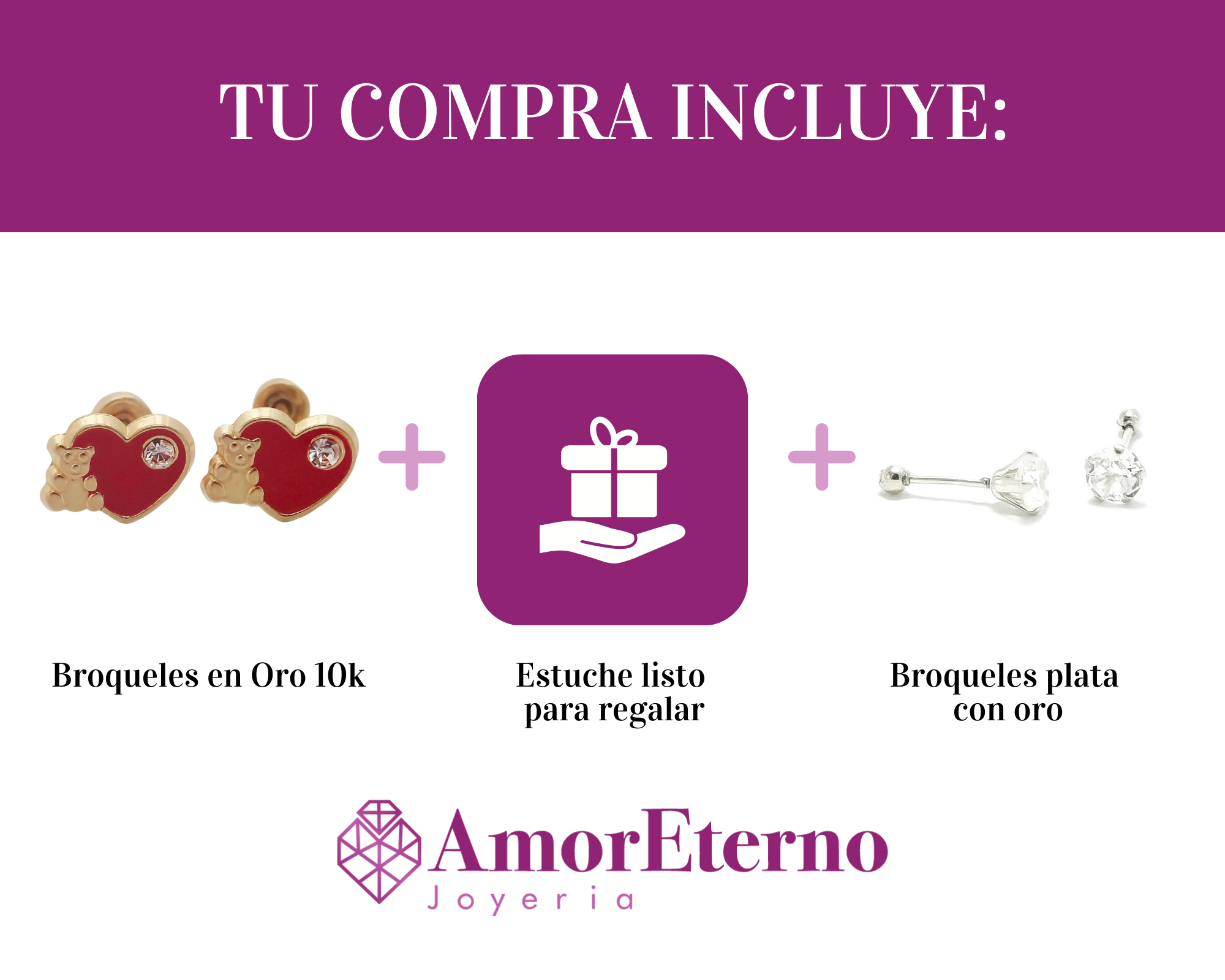 Amor Eterno - Broqueles Deluxe / Osito Corazón / Oro 10k