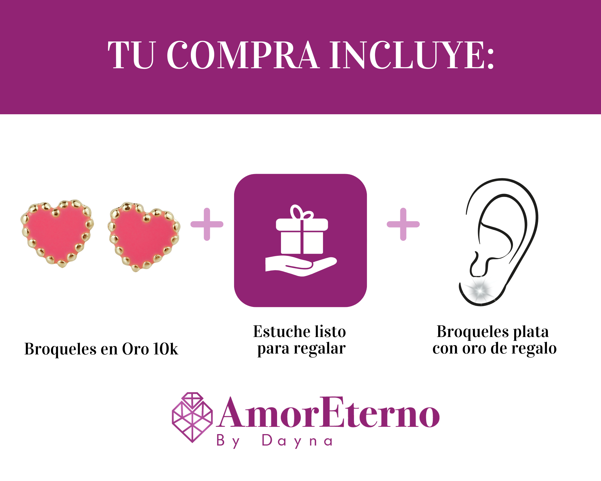Amor Eterno - Broqueles Corazón Esmaltado / Oro Sólido 10k / Rosa