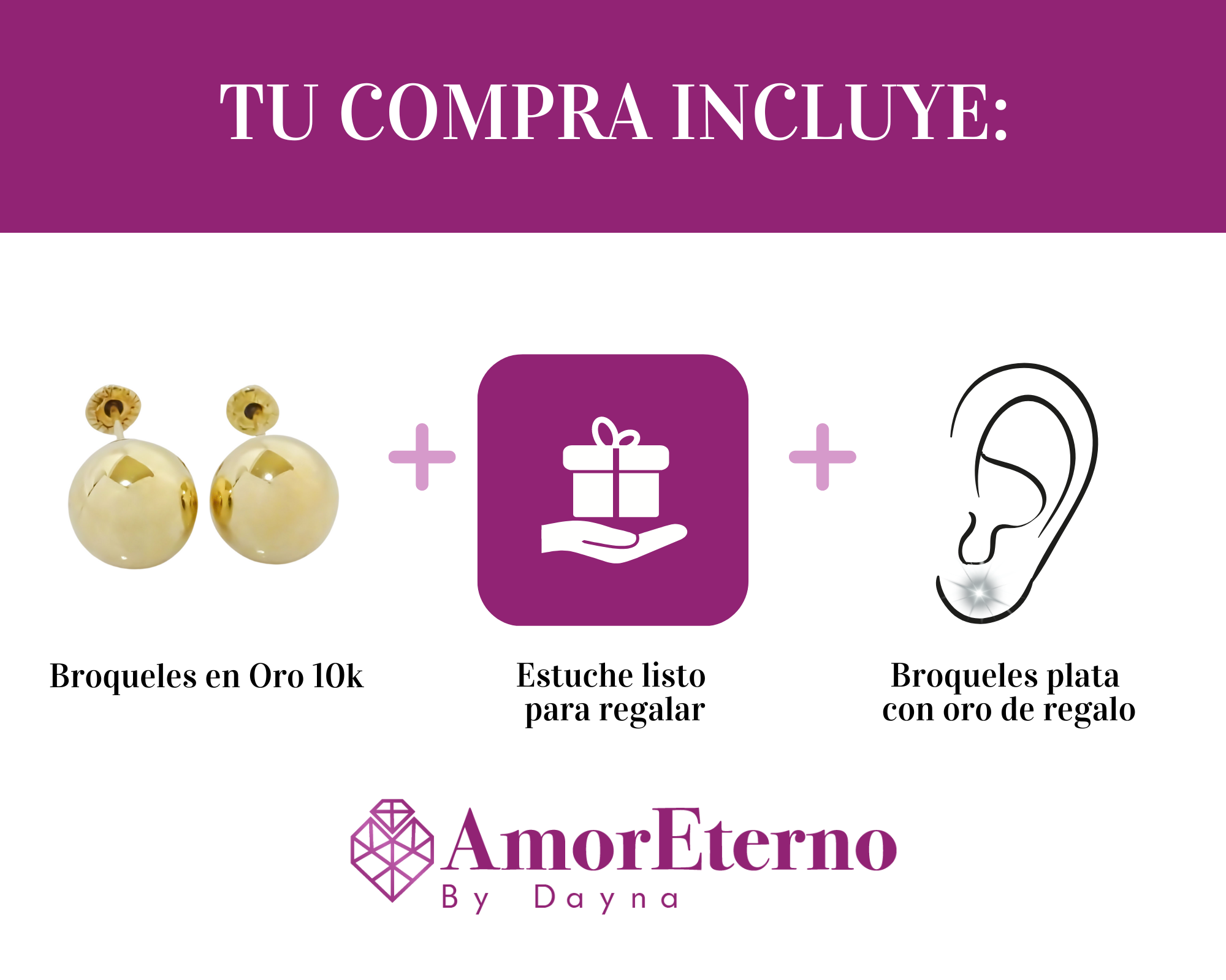 Amor Eterno - Broqueles / Dormilonas 5mm / Aretes Oro 10k